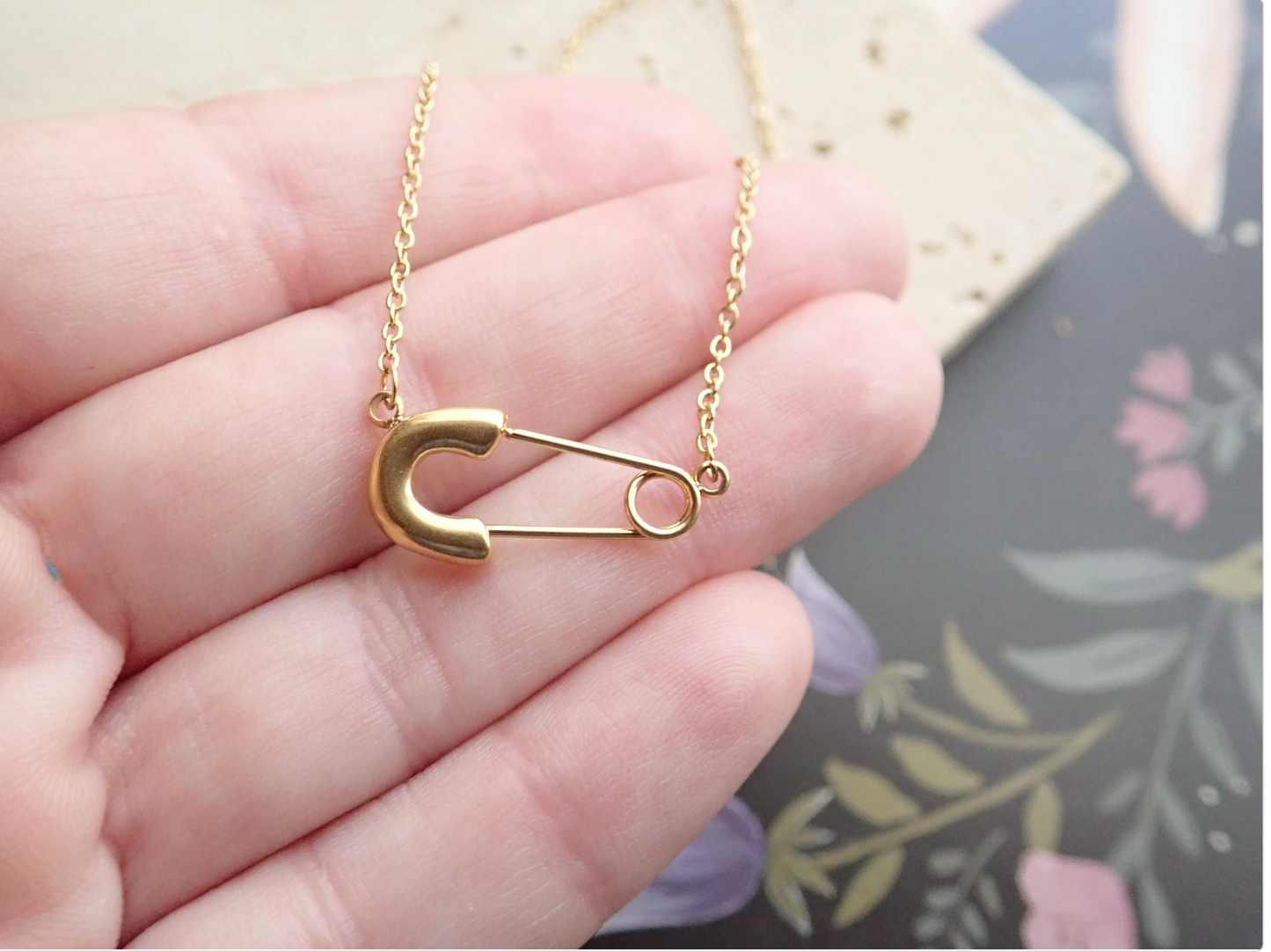 Gold Safety Pin Necklace | 18 Gold Anti-Tarnish Chain | Adjustable Length|