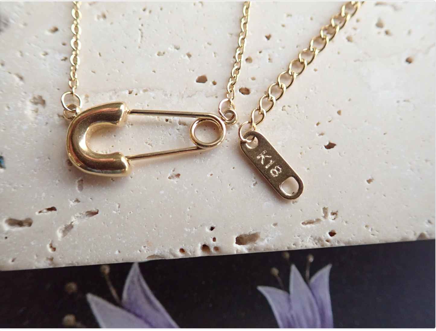 Gold Safety Pin Necklace | 18 Gold Anti-Tarnish Chain | Adjustable Length|