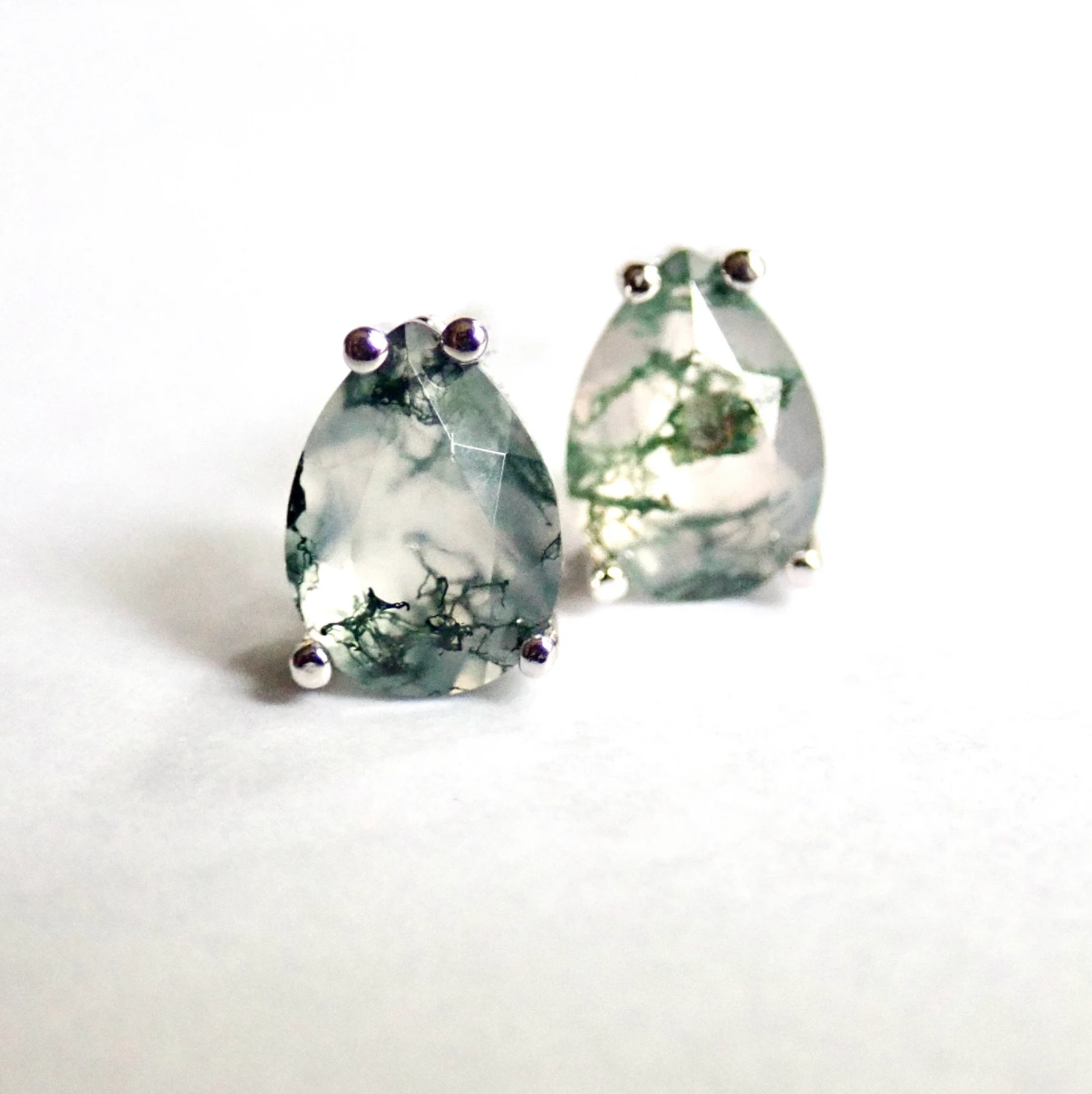 Small Moss Agate Teardrop Stud Earrings | Sterling Silver