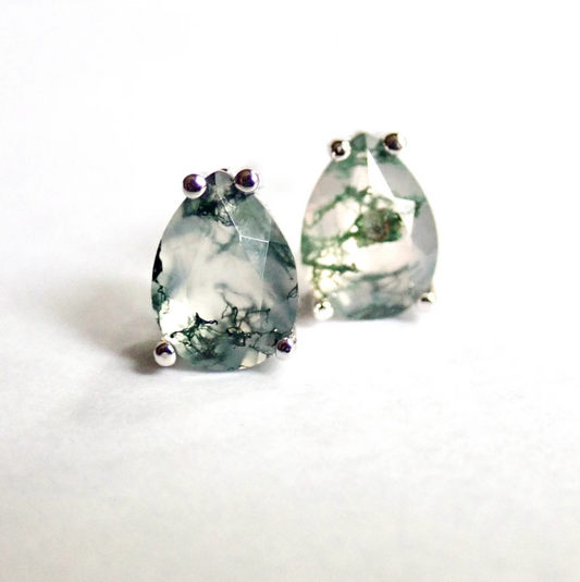 Small Moss Agate Teardrop Stud Earrings | Sterling Silver