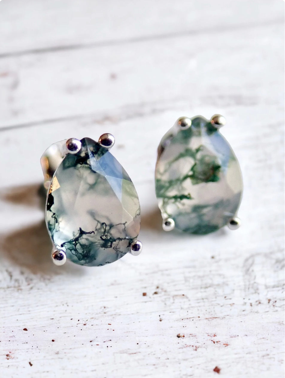 Small Moss Agate Teardrop Stud Earrings | Sterling Silver