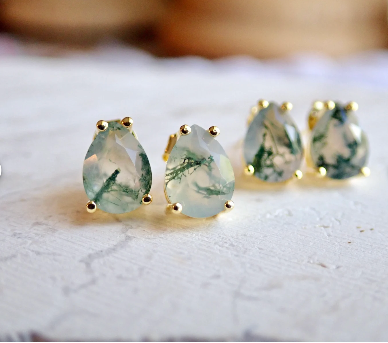 Small Moss Agate Teardrop Stud Earrings | Sterling Silver