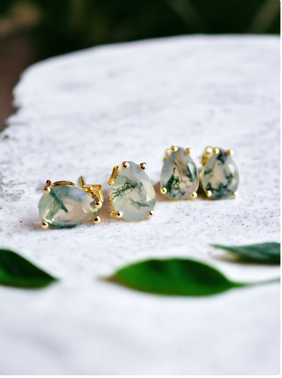 Small Moss Agate Teardrop Stud Earrings | Sterling Silver