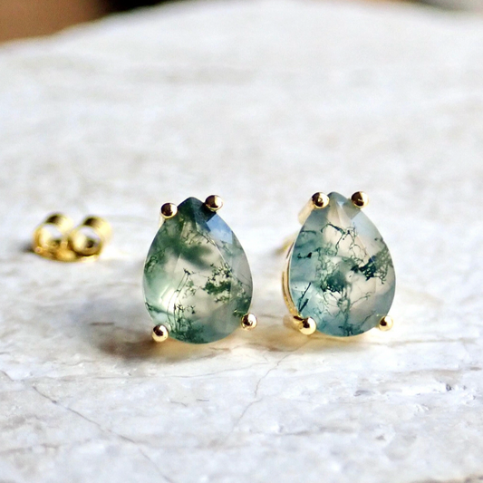 Moss Agate Teardrop Stud Earrings, Prong Set 14k Gold or Sterling Silver