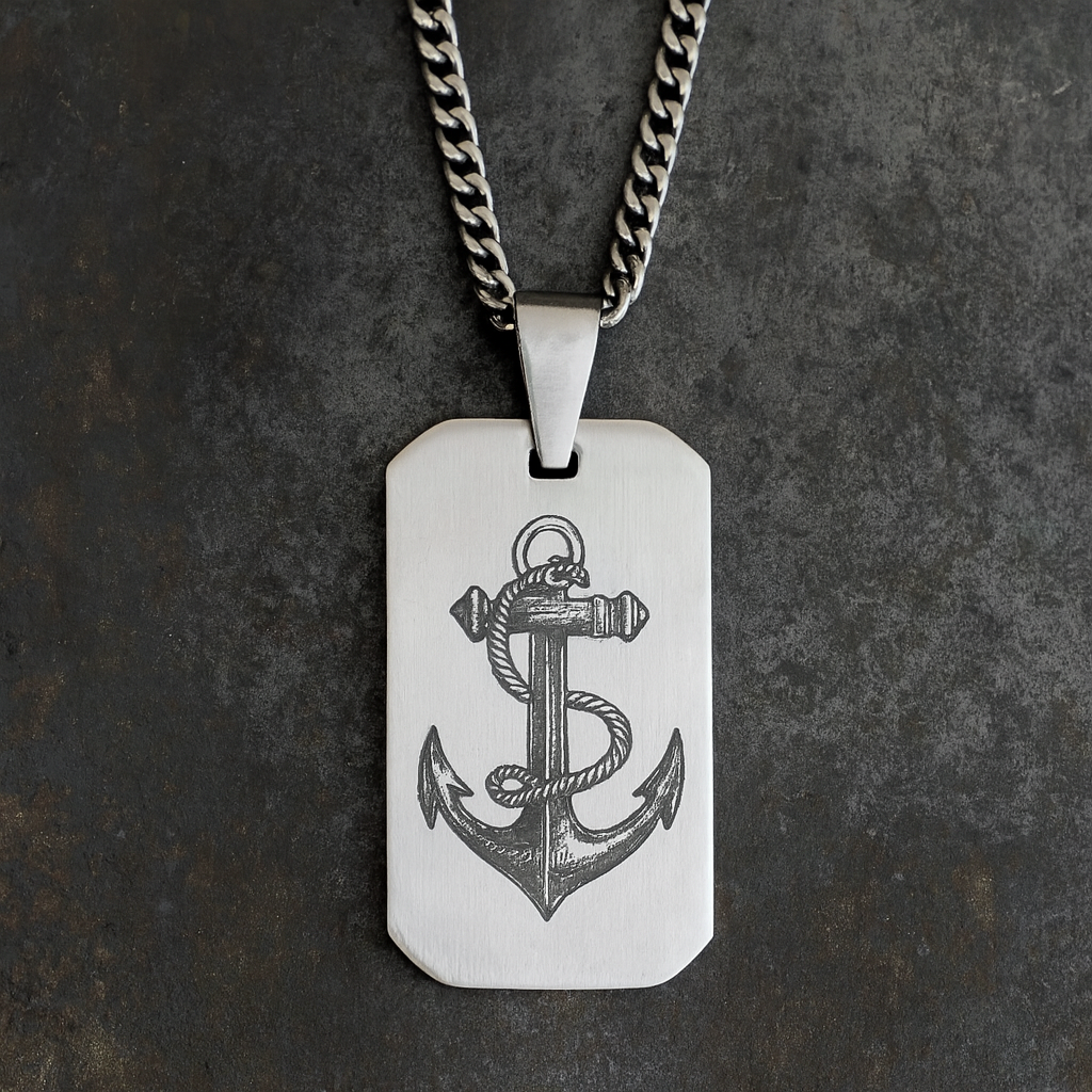 Men’s Silver Stainless Steel Dog Tag Necklace – Anchor Engraved Pendant - Nautical Gift for Men