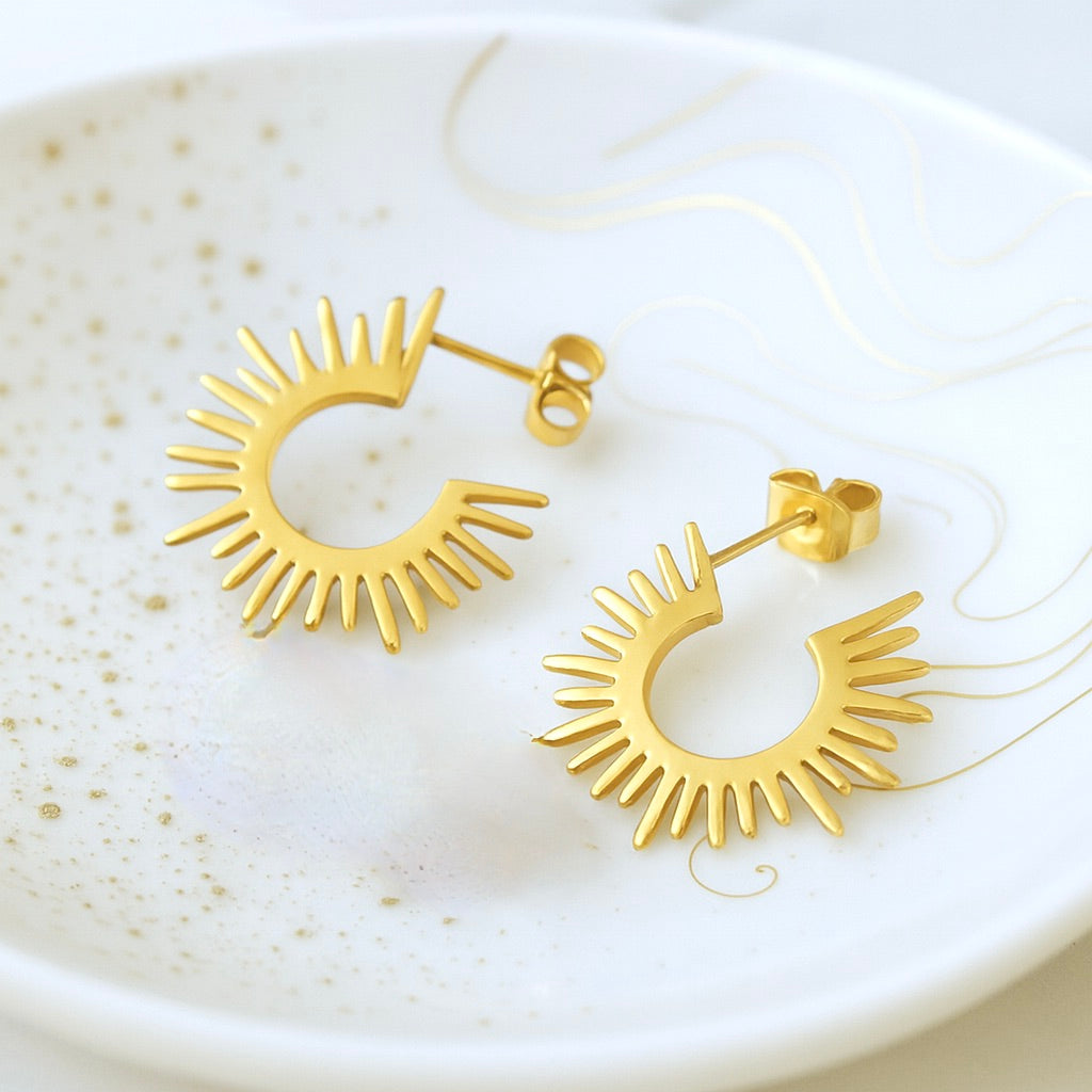 18K Gold Sunburst Hoop Earrings • Waterproof Lightweight Hoops • Gold Filled Stainless Steel Earrings, Medium Spiked Hoops,Minimalist Hoops