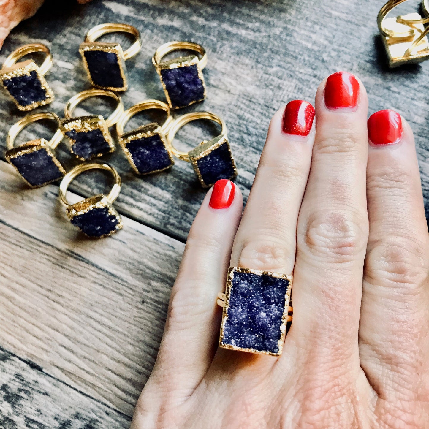 Rectangular Purple Druzy Statement Ring – Electroplated in 14k Gold, Bold & Unique Gemstone Jewelry
