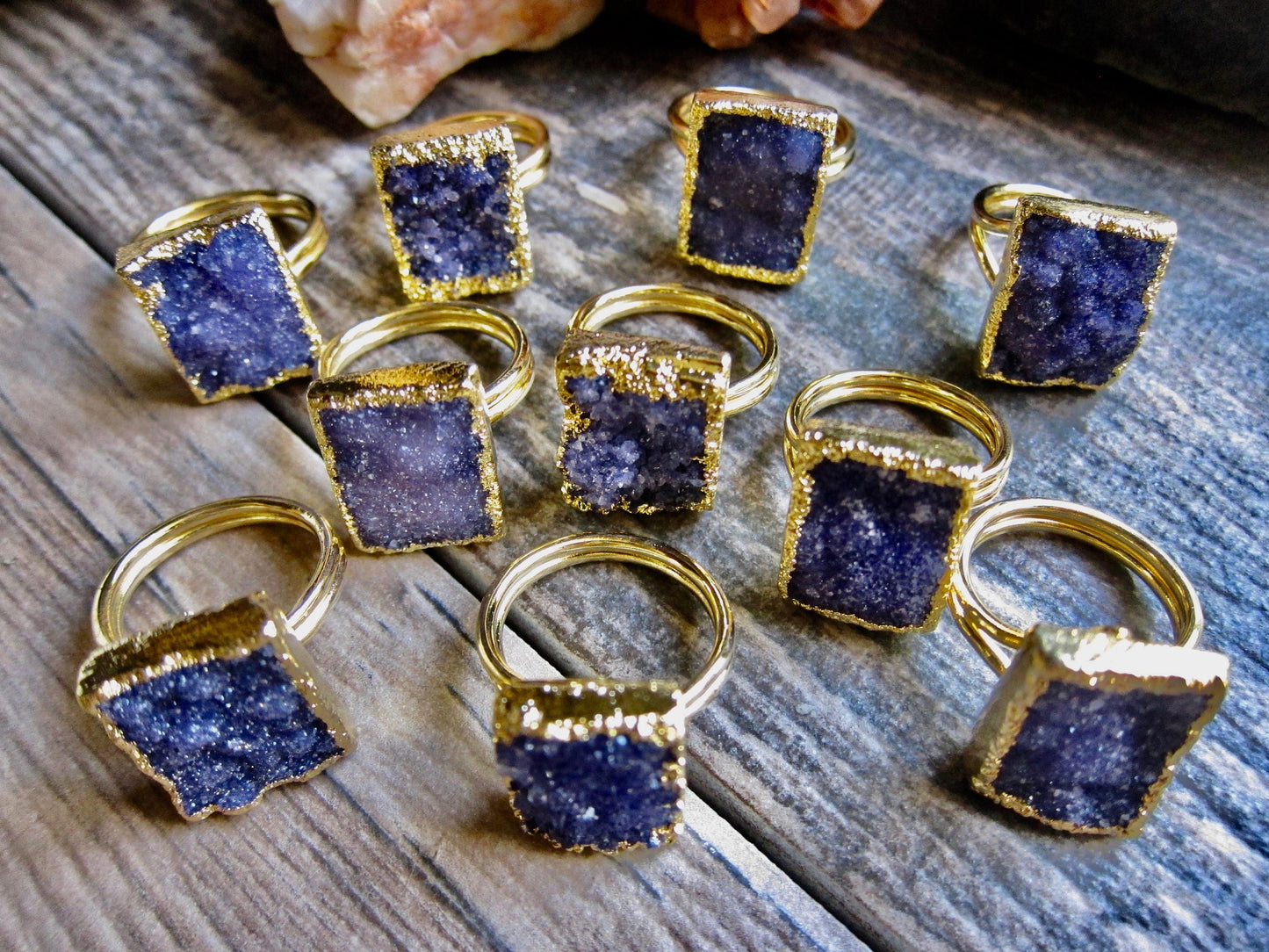 Rectangular Purple Druzy Statement Ring – Electroplated in 14k Gold, Bold & Unique Gemstone Jewelry