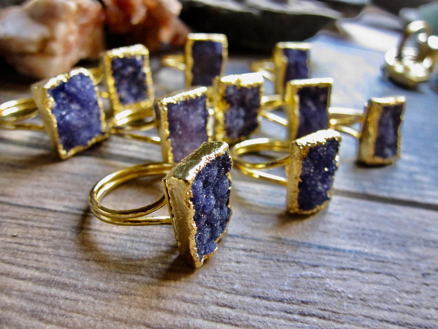 Rectangular Purple Druzy Statement Ring – Electroplated in 14k Gold, Bold & Unique Gemstone Jewelry