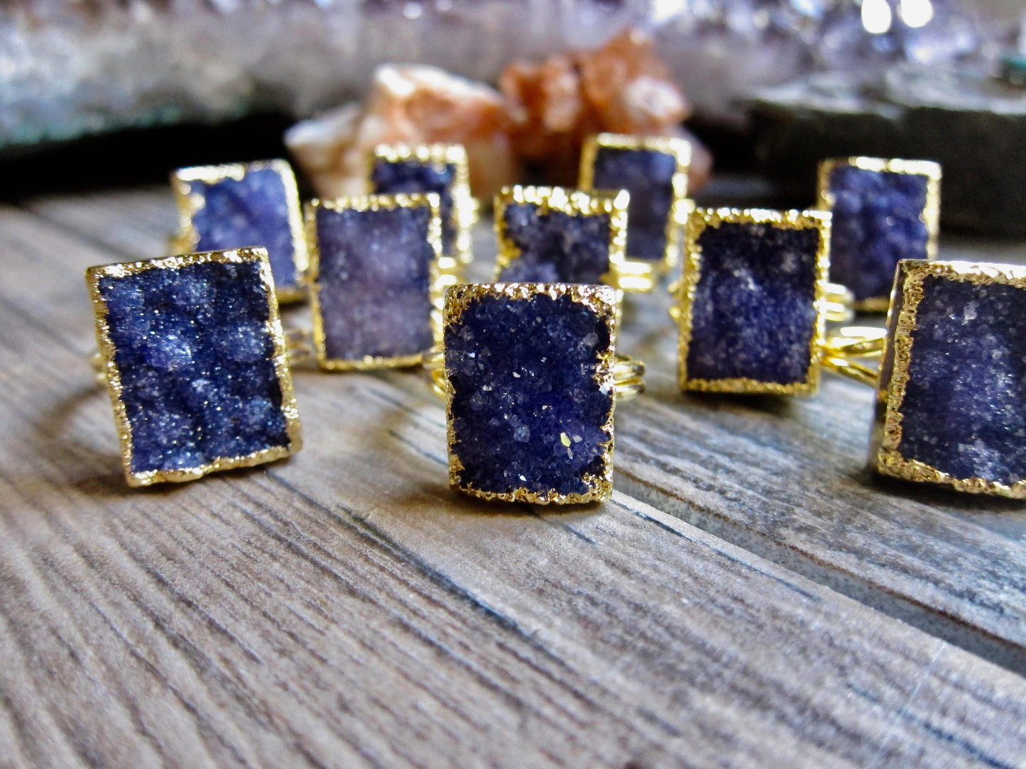 Rectangular Purple Druzy Statement Ring – Electroplated in 14k Gold, Bold & Unique Gemstone Jewelry