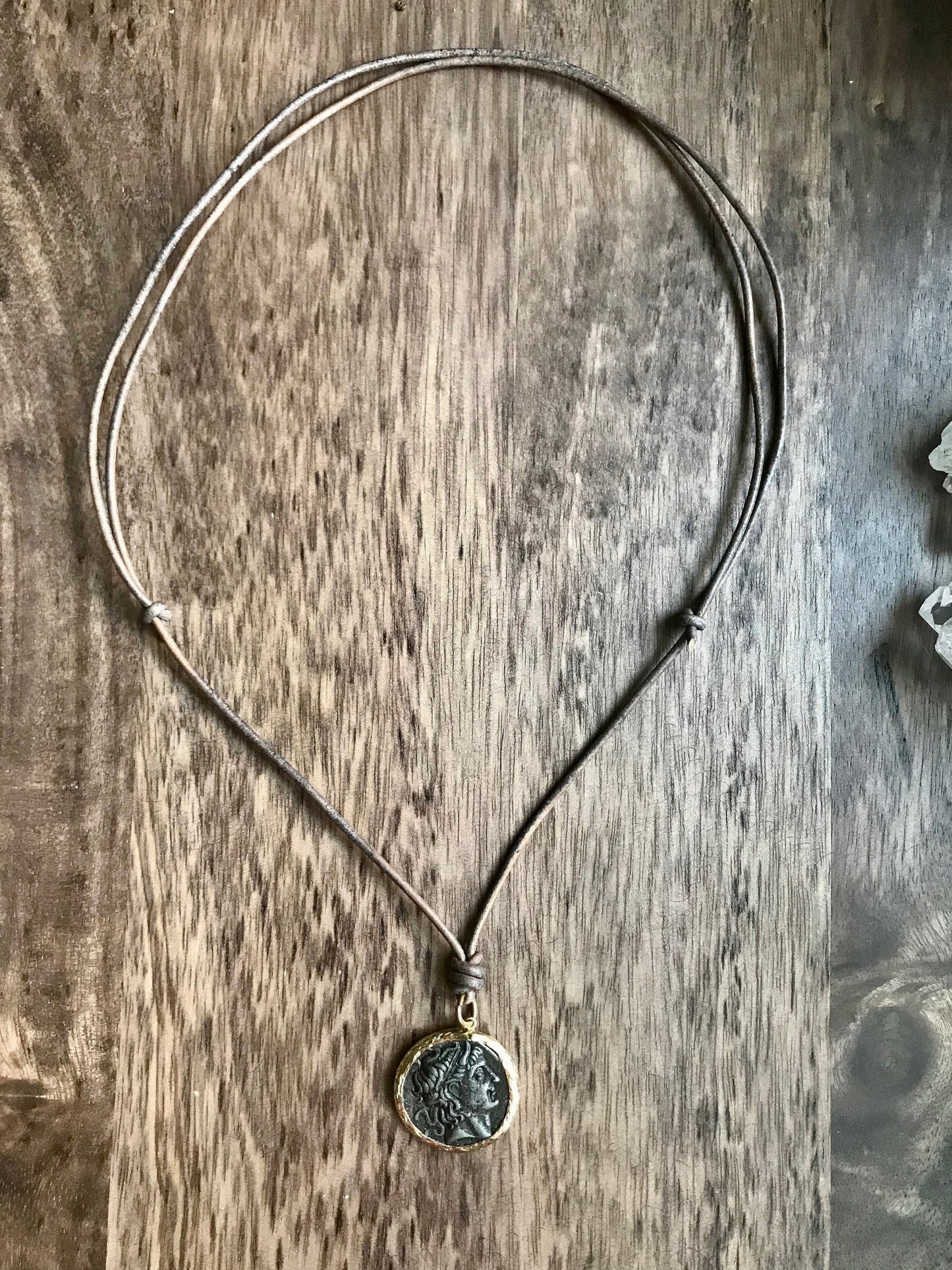 Men’s Leather Cord Necklace with Greek Coin Replica Pendant – Ancient Roman Greek History Jewelry
