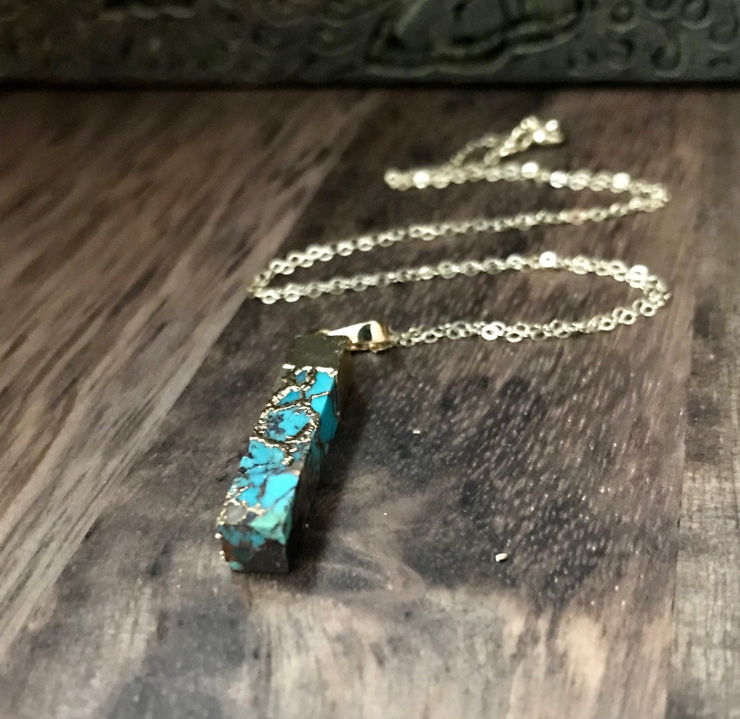 Dainty Copperized Turquoise Bar Necklace in Gold, Mojave Turquoise Pendant Necklace