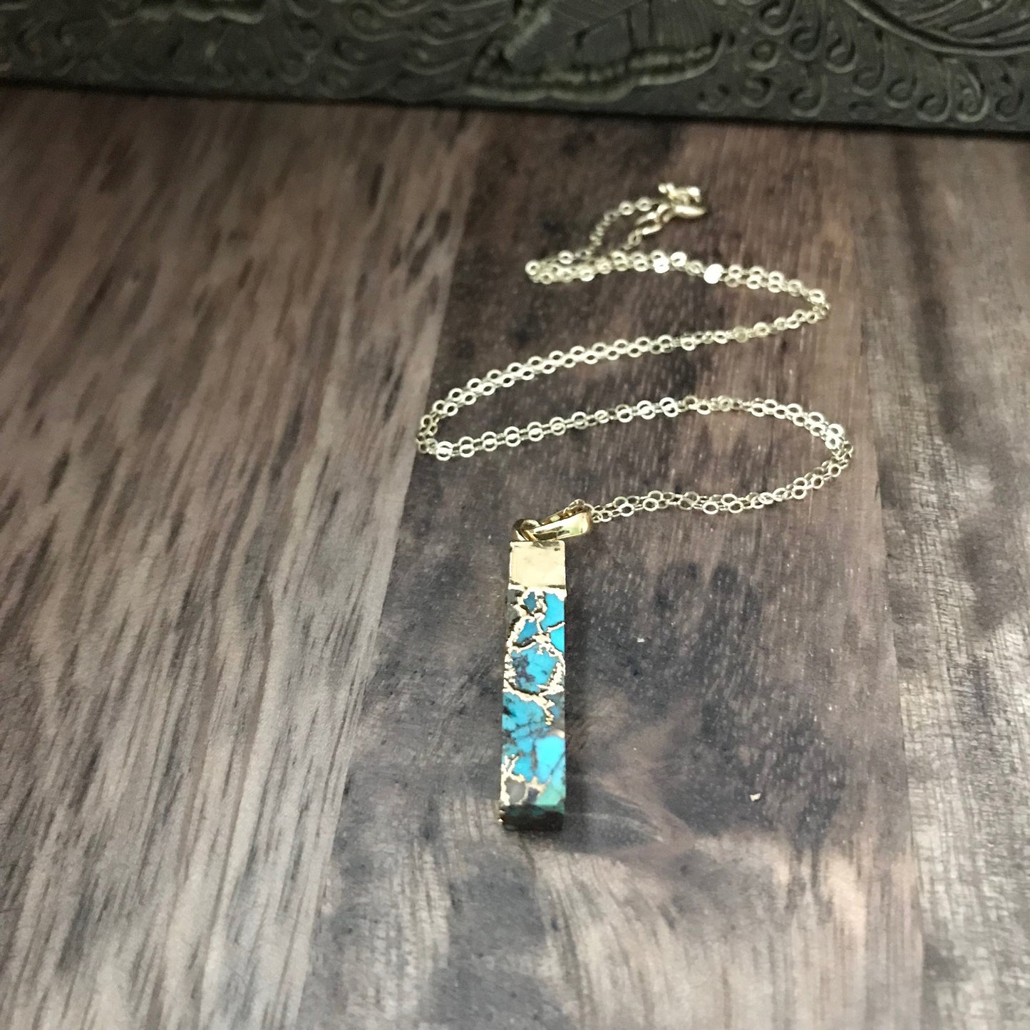 Dainty Copperized Turquoise Bar Necklace in Gold, Mojave Turquoise Pendant Necklace
