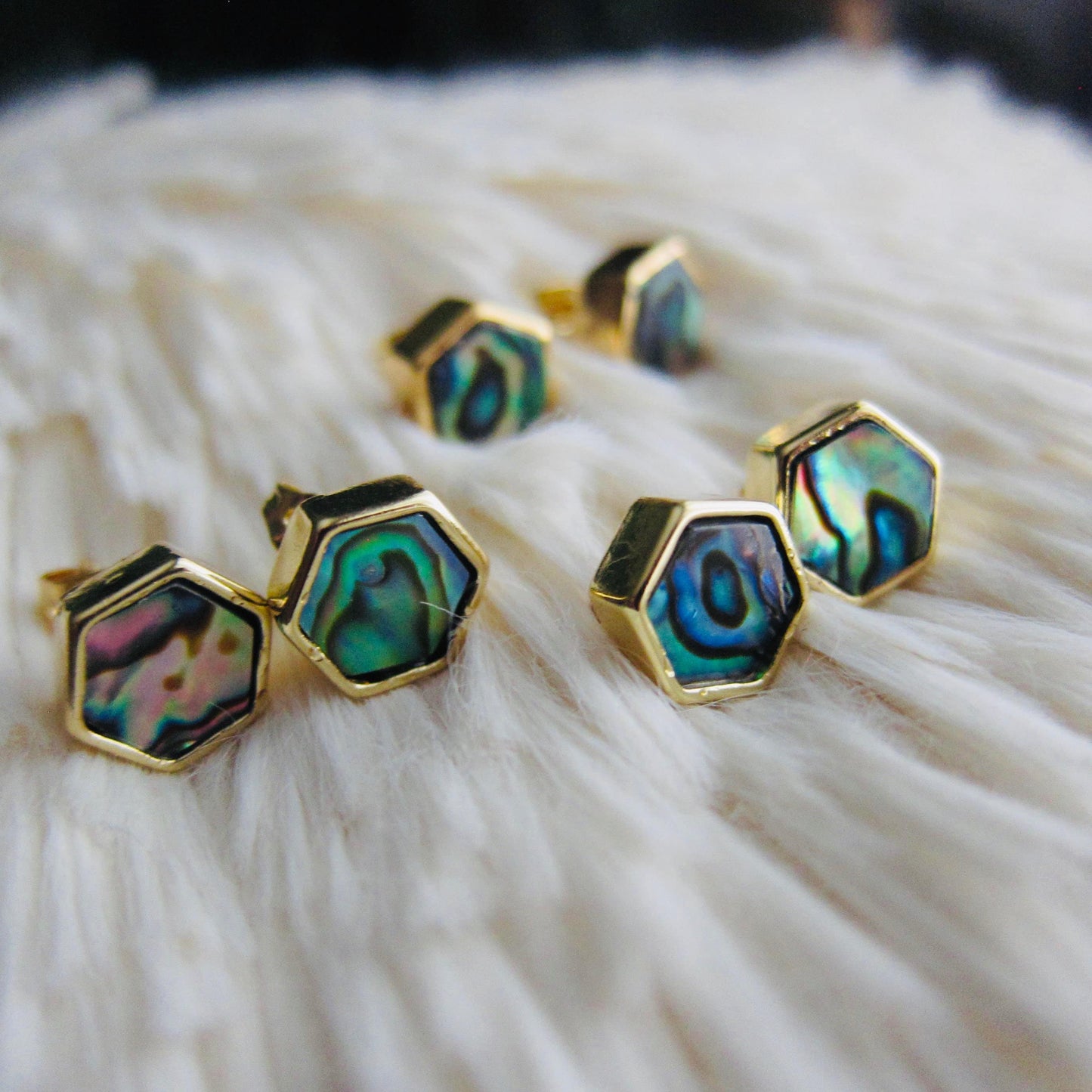 Hexagon Abalone Shell Stud Earrings in Gold – Iridescent Mother of Pearl Studs, Minimalist Geometric Earrings