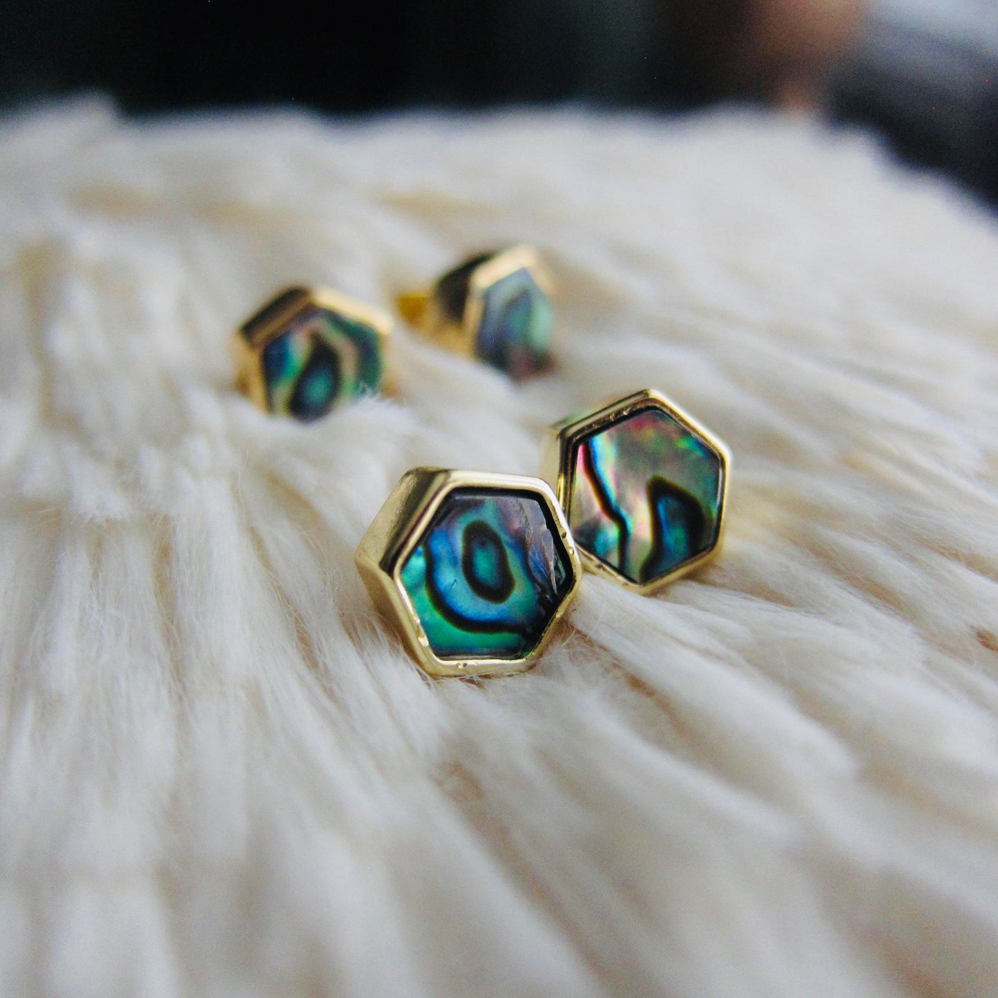 Hexagon Abalone Shell Stud Earrings in Gold – Iridescent Mother of Pearl Studs, Minimalist Geometric Earrings
