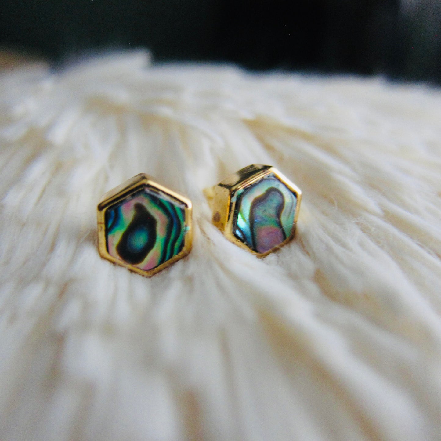 Hexagon Abalone Shell Stud Earrings in Gold – Iridescent Mother of Pearl Studs, Minimalist Geometric Earrings
