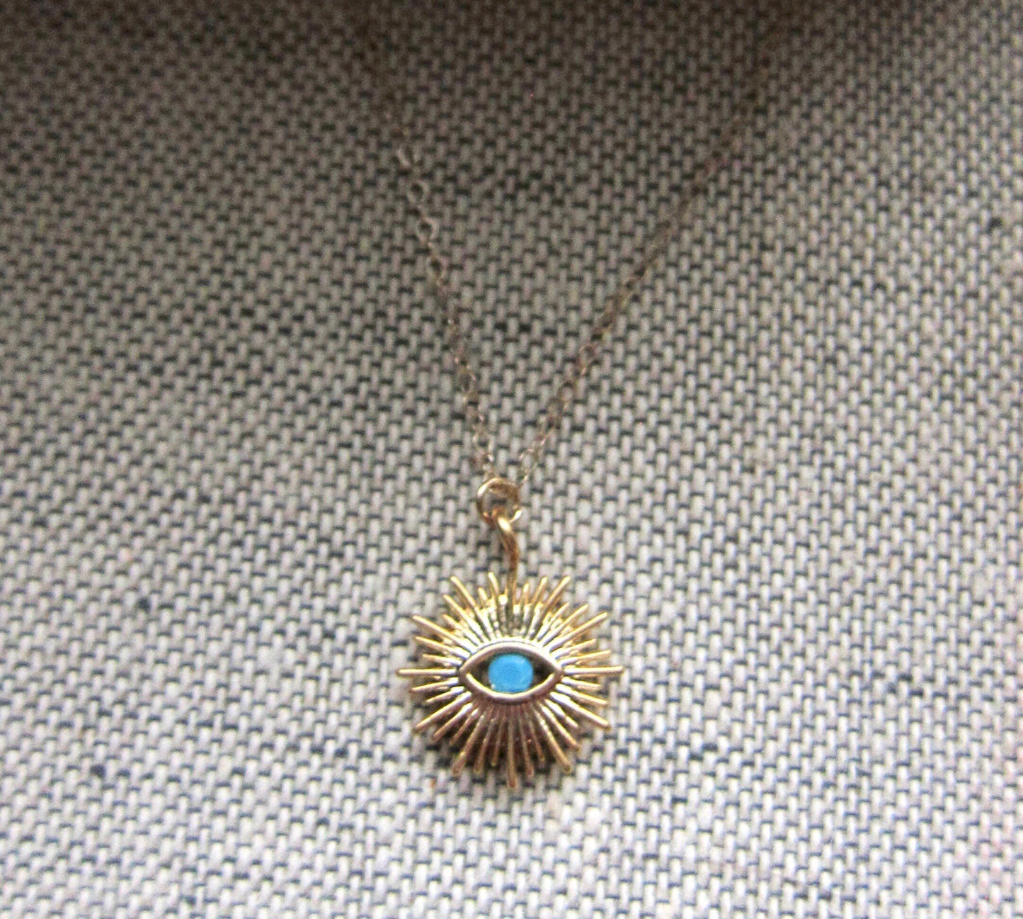 Gold Turquoise Evil Eye Necklace – Sunburst Pendant for Everyday Magic, Dainaty Medallion Necklace