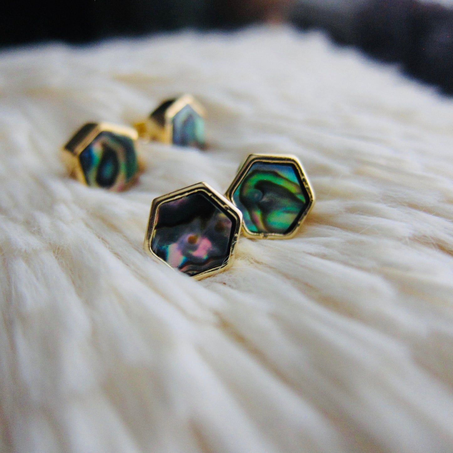 Hexagon Abalone Shell Stud Earrings in Gold – Iridescent Mother of Pearl Studs, Minimalist Geometric Earrings
