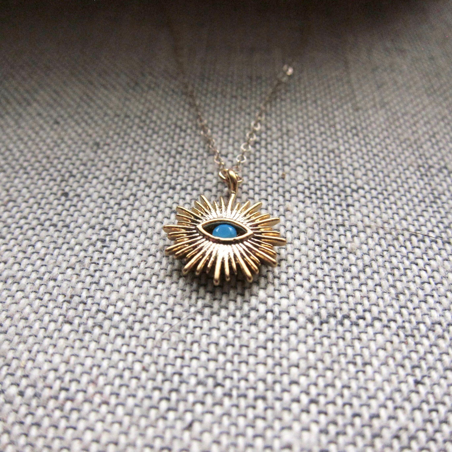 Gold Turquoise Evil Eye Necklace – Sunburst Pendant for Everyday Magic, Dainaty Medallion Necklace