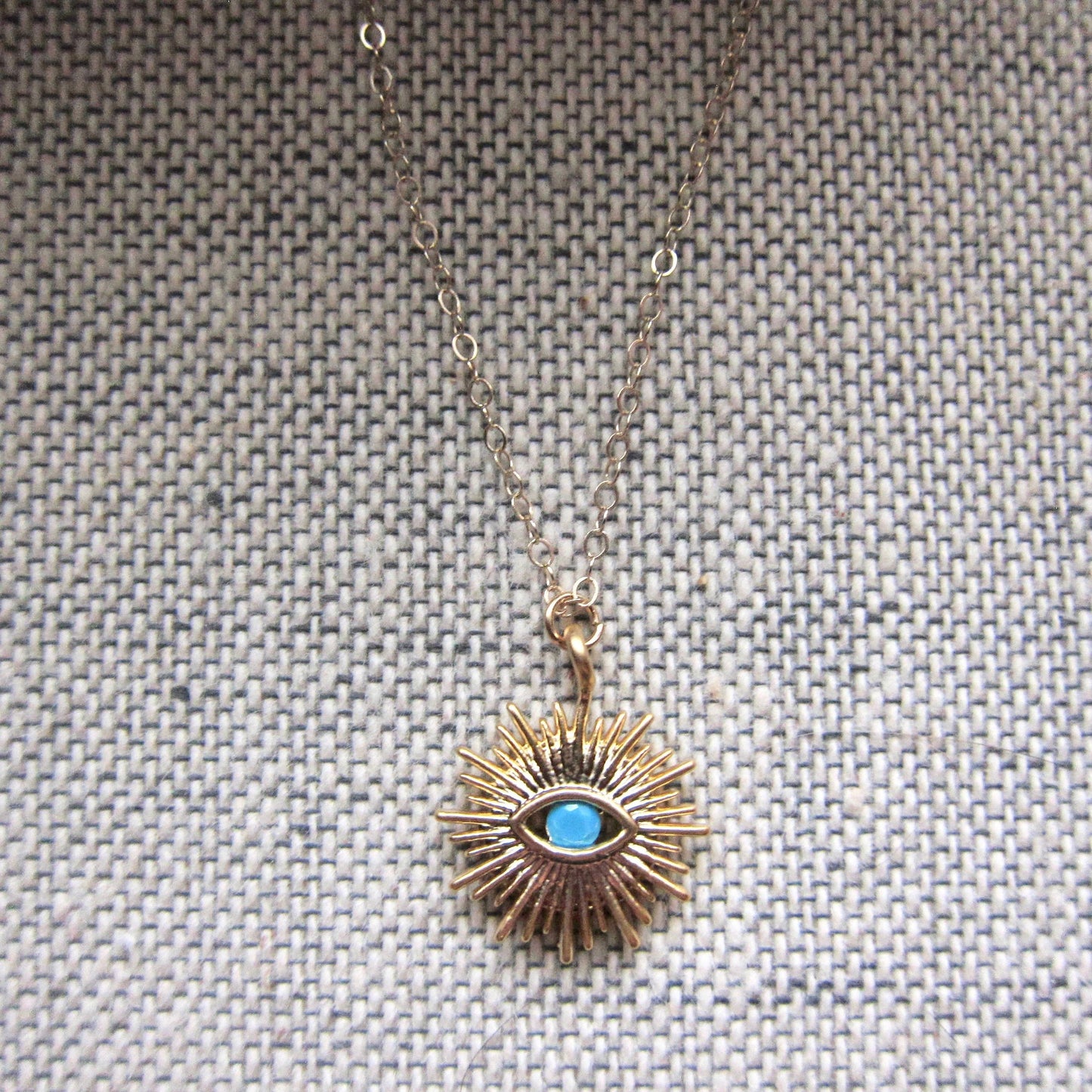 Gold Turquoise Evil Eye Necklace – Sunburst Pendant for Everyday Magic, Dainaty Medallion Necklace