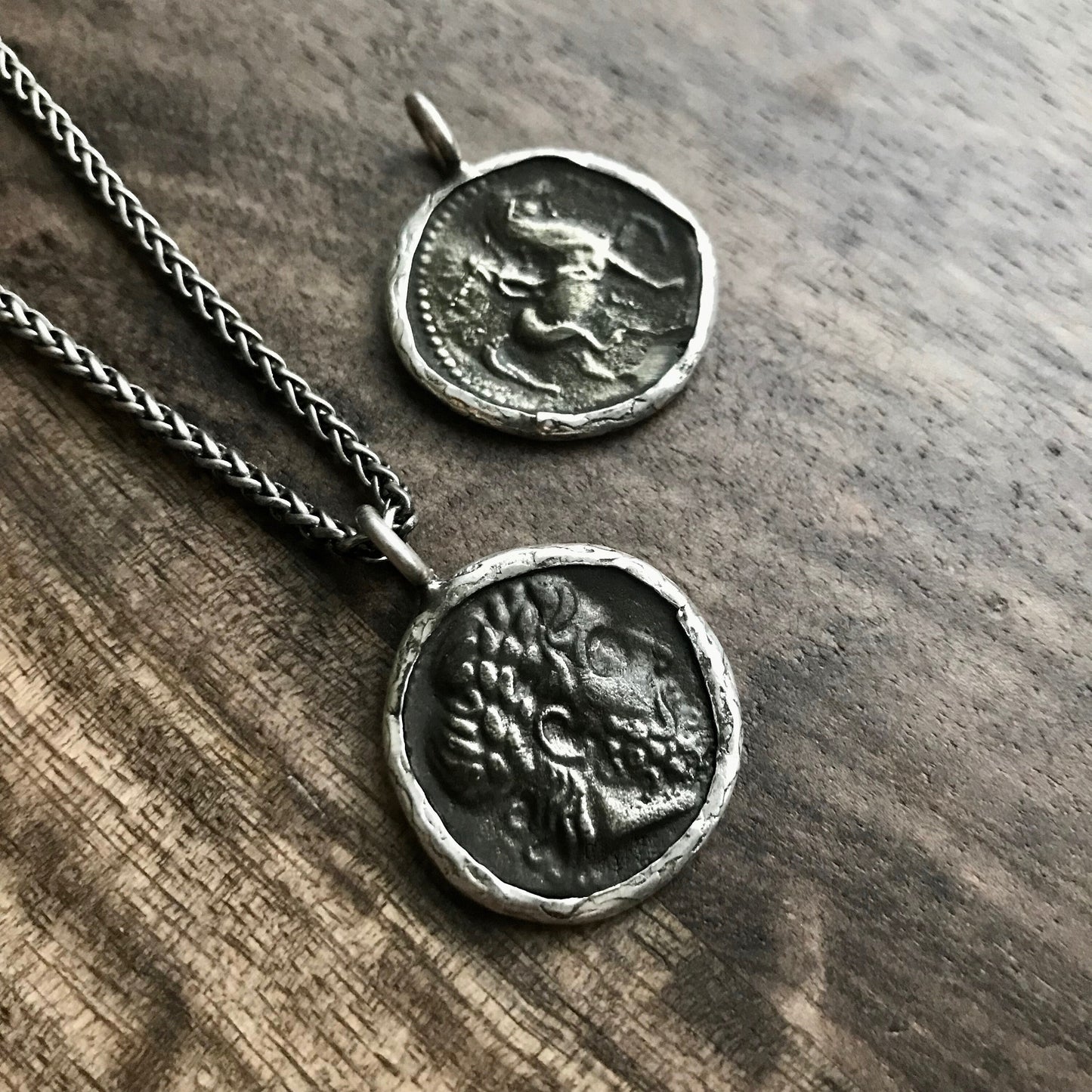 Men’s Silver Pendant Necklace with Greek Coin Replica – Stainless Steel Wheat Chain – Vintage Ancient History Symbol Jewelry