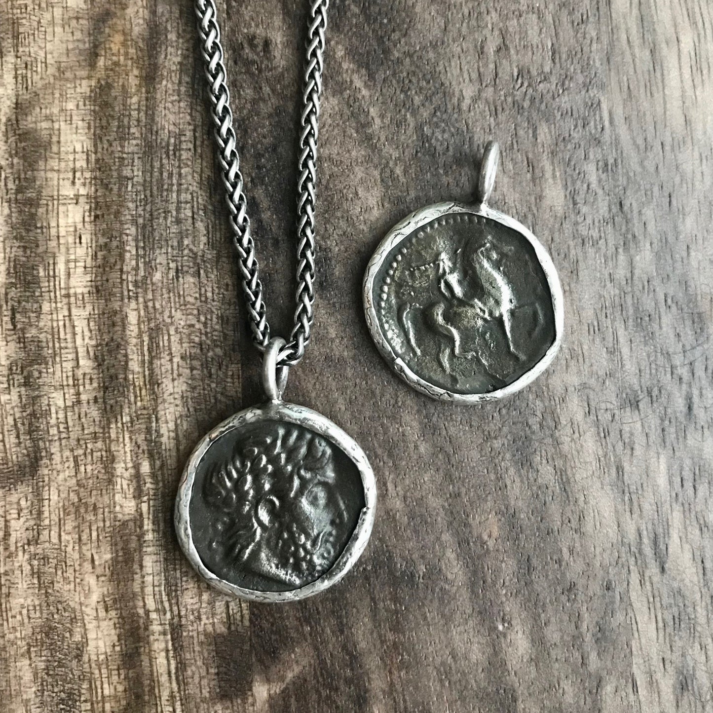 Men’s Silver Pendant Necklace with Greek Coin Replica – Stainless Steel Wheat Chain – Vintage Ancient History Symbol Jewelry