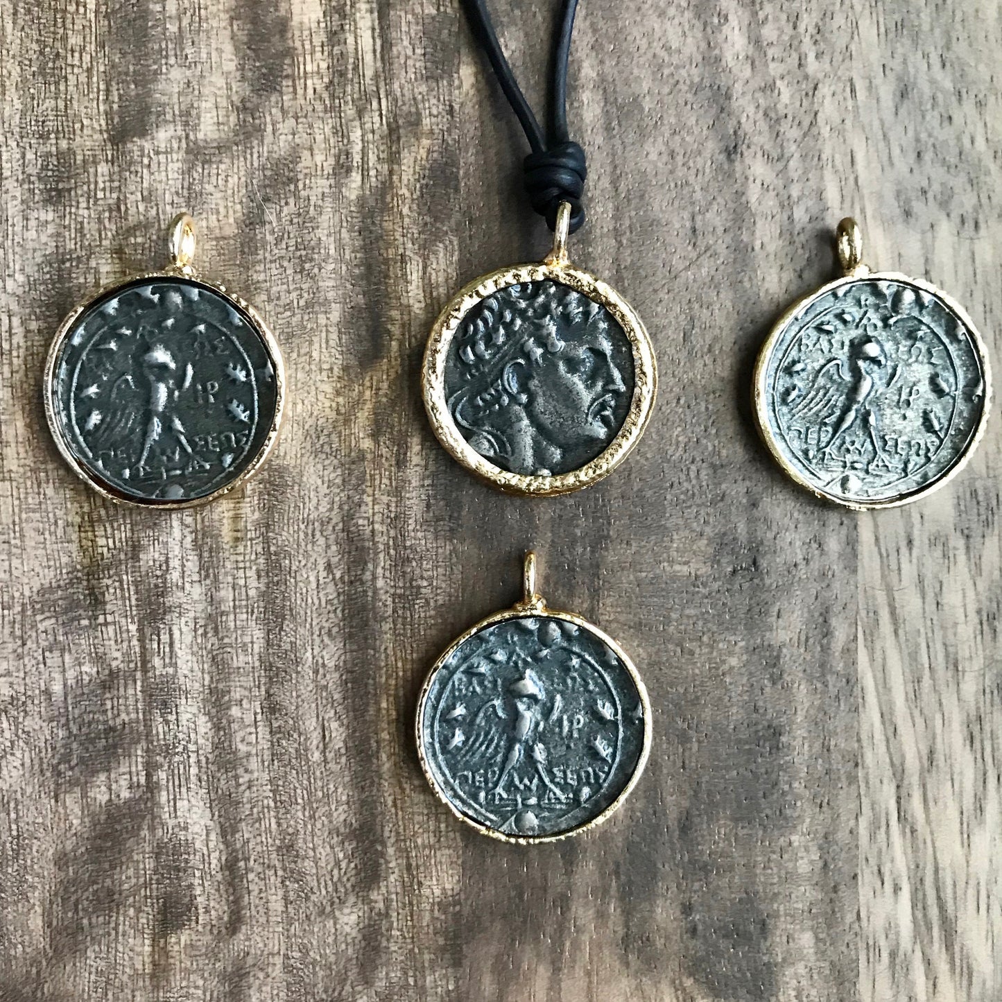 Men’s Leather Cord Necklace with Greek Coin Replica Pendant – Ancient Roman Greek History Jewelry