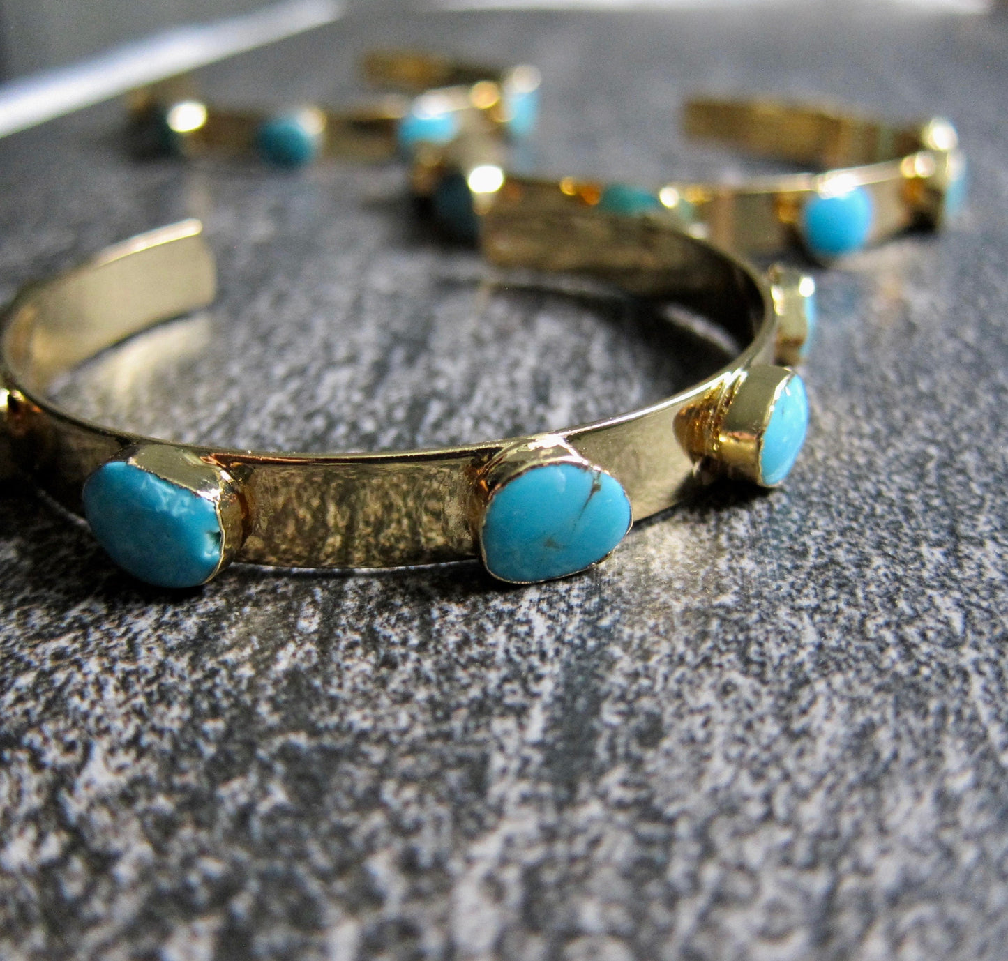 Turquoise and Gold Cuff Bracelet – 14k Gold Plated Open Cuff with Six Genuine Turquoise Stones