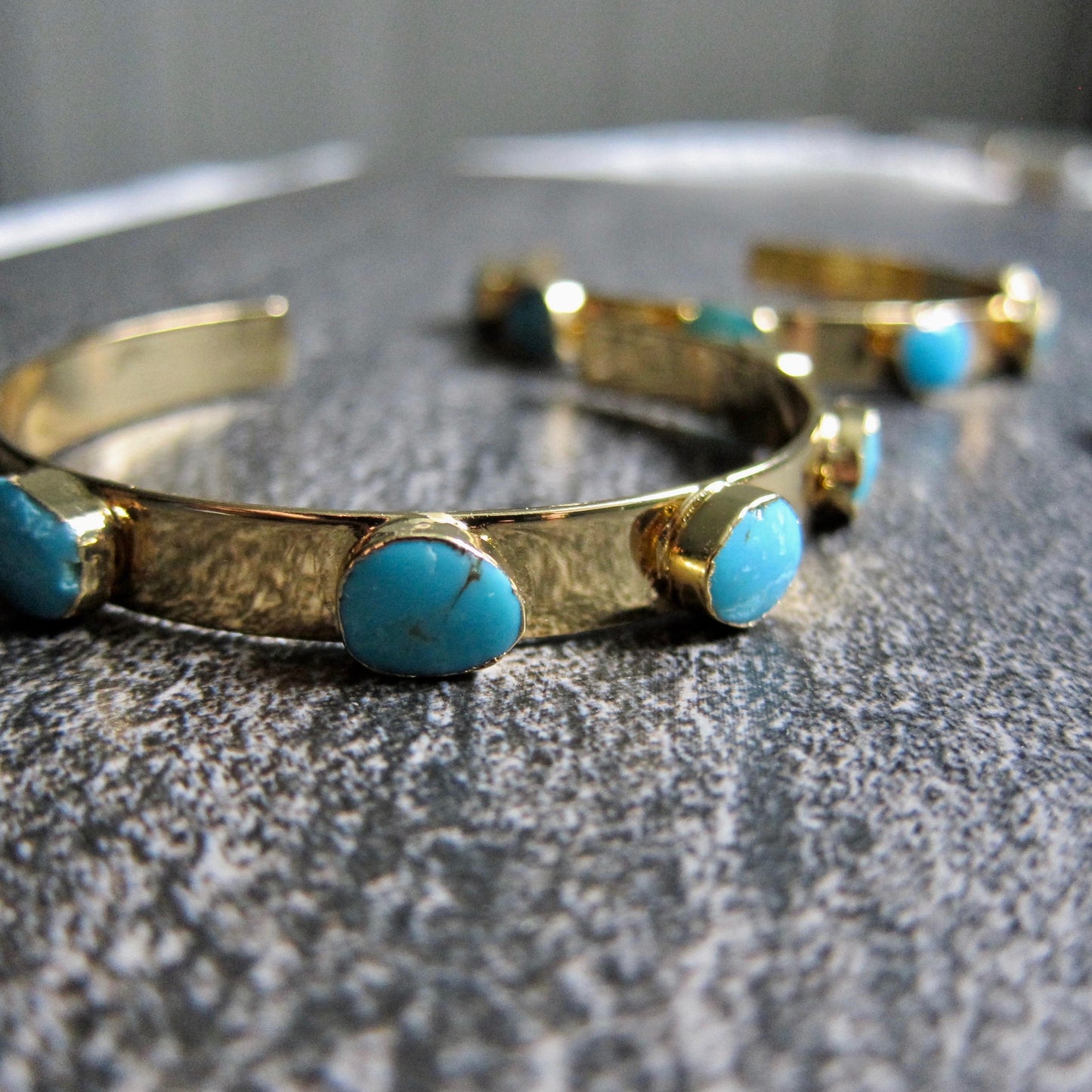 Turquoise and Gold Cuff Bracelet – 14k Gold Plated Open Cuff with Six Genuine Turquoise Stones
