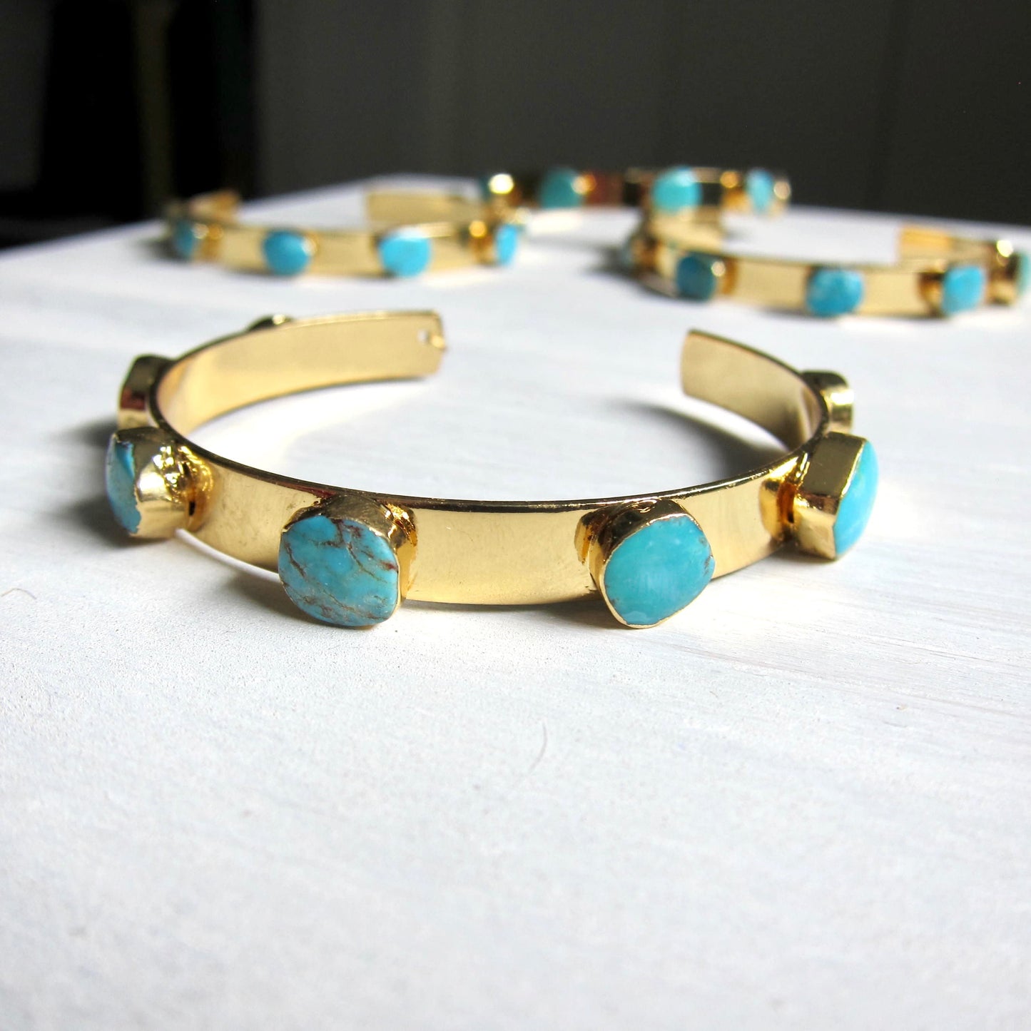 Turquoise and Gold Cuff Bracelet – 14k Gold Plated Open Cuff with Six Genuine Turquoise Stones