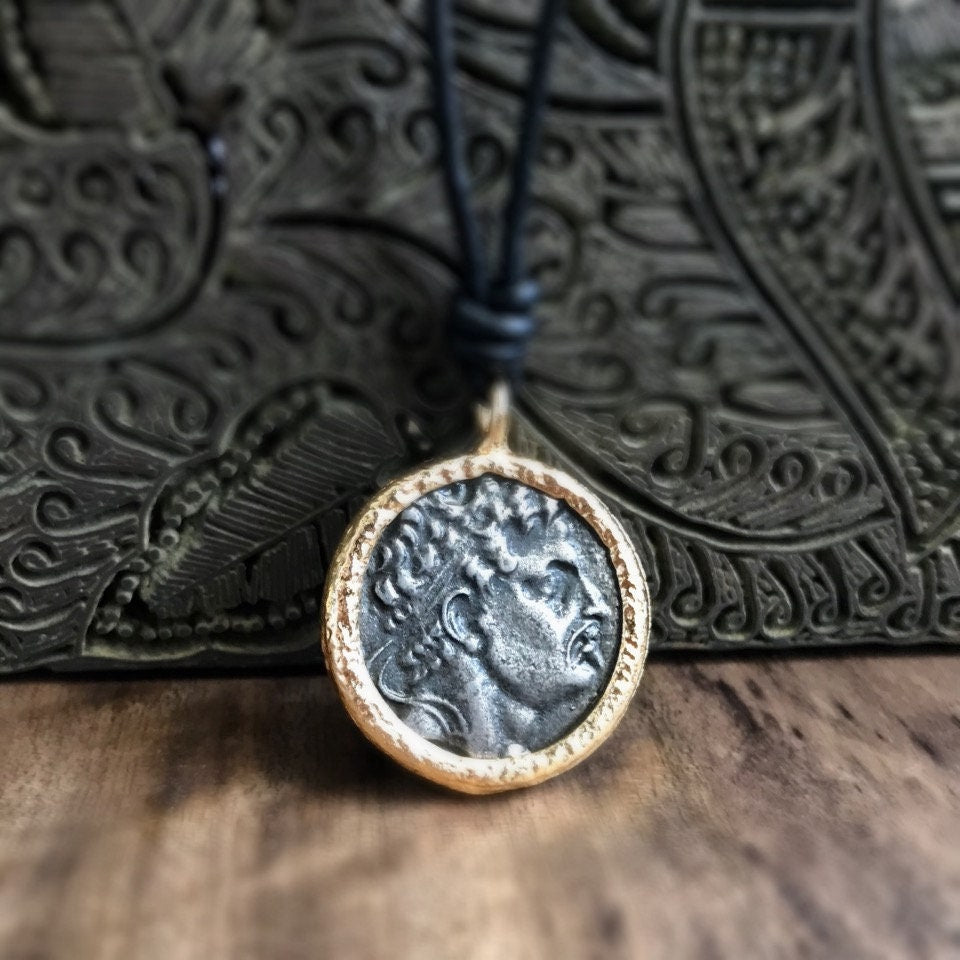 Men’s Leather Cord Necklace with Greek Coin Replica Pendant – Ancient Roman Greek History Jewelry
