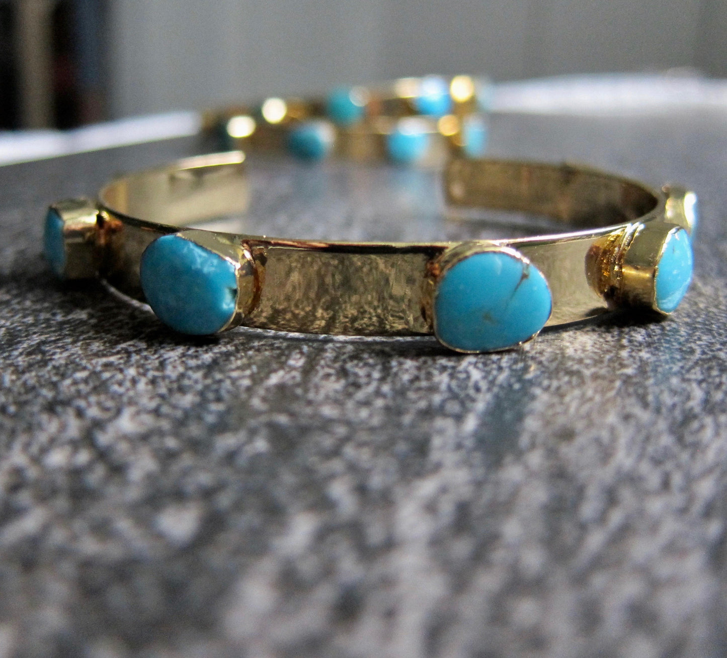 Turquoise and Gold Cuff Bracelet – 14k Gold Plated Open Cuff with Six Genuine Turquoise Stones