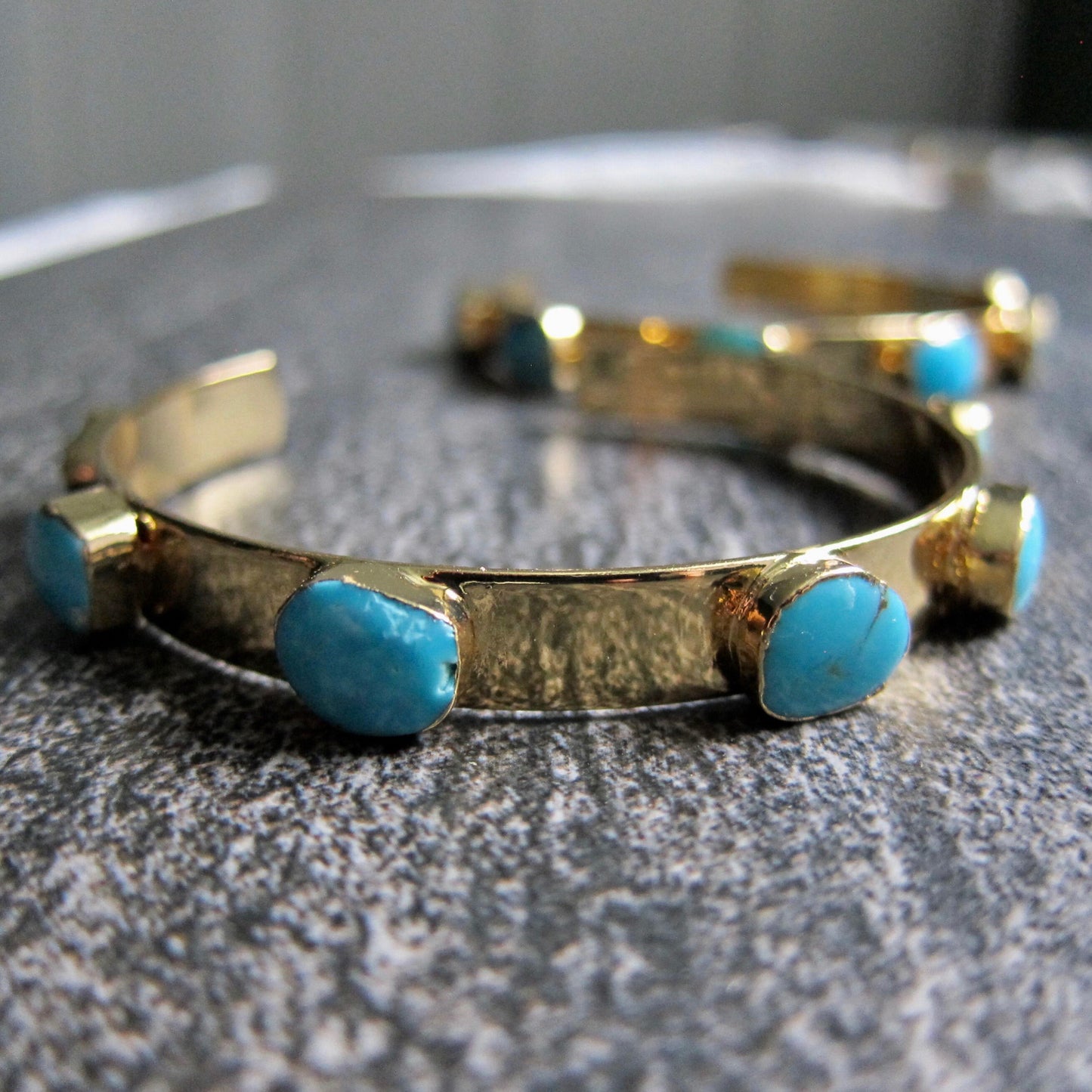 Turquoise and Gold Cuff Bracelet – 14k Gold Plated Open Cuff with Six Genuine Turquoise Stones