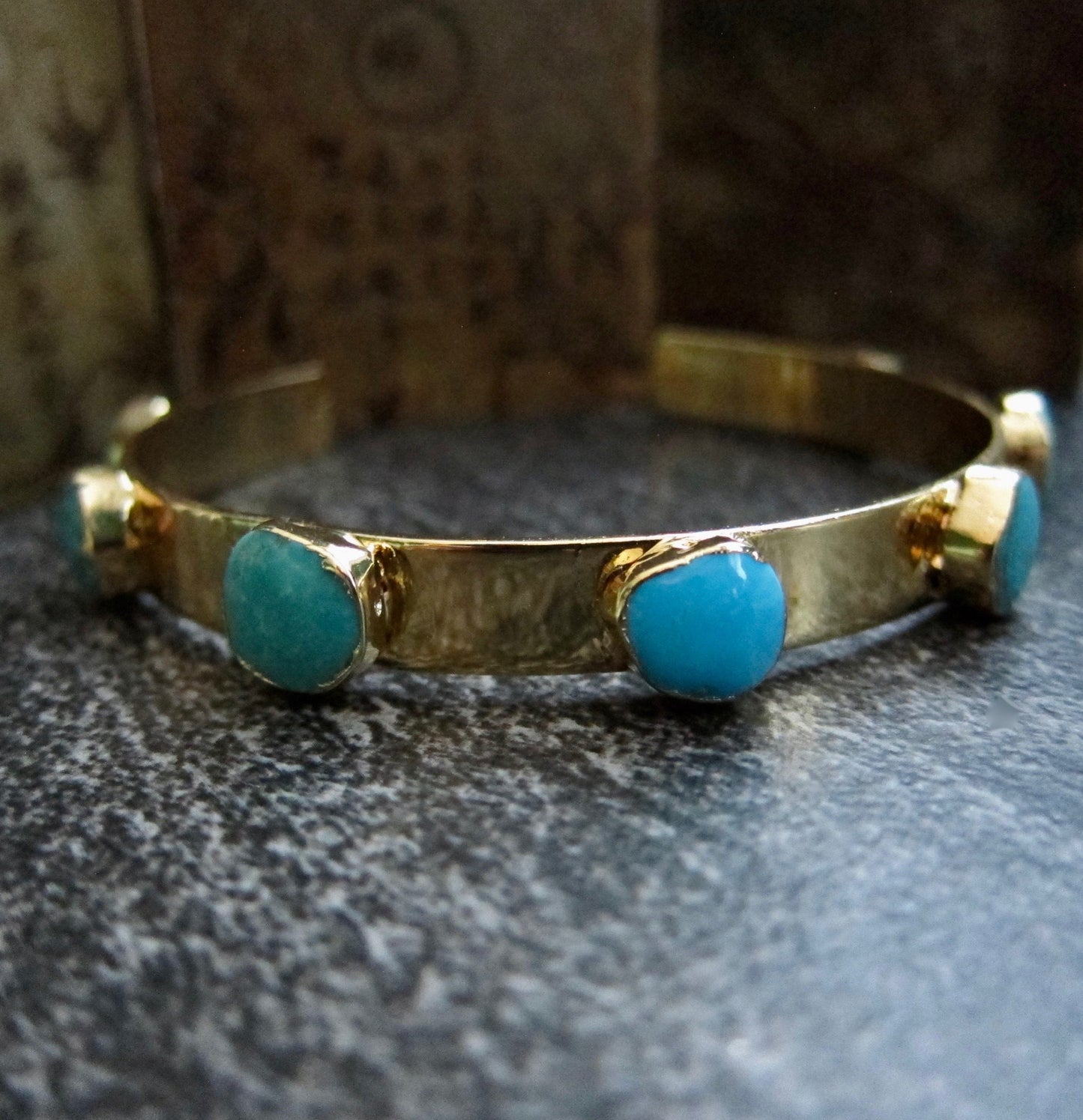 Turquoise and Gold Cuff Bracelet – 14k Gold Plated Open Cuff with Six Genuine Turquoise Stones