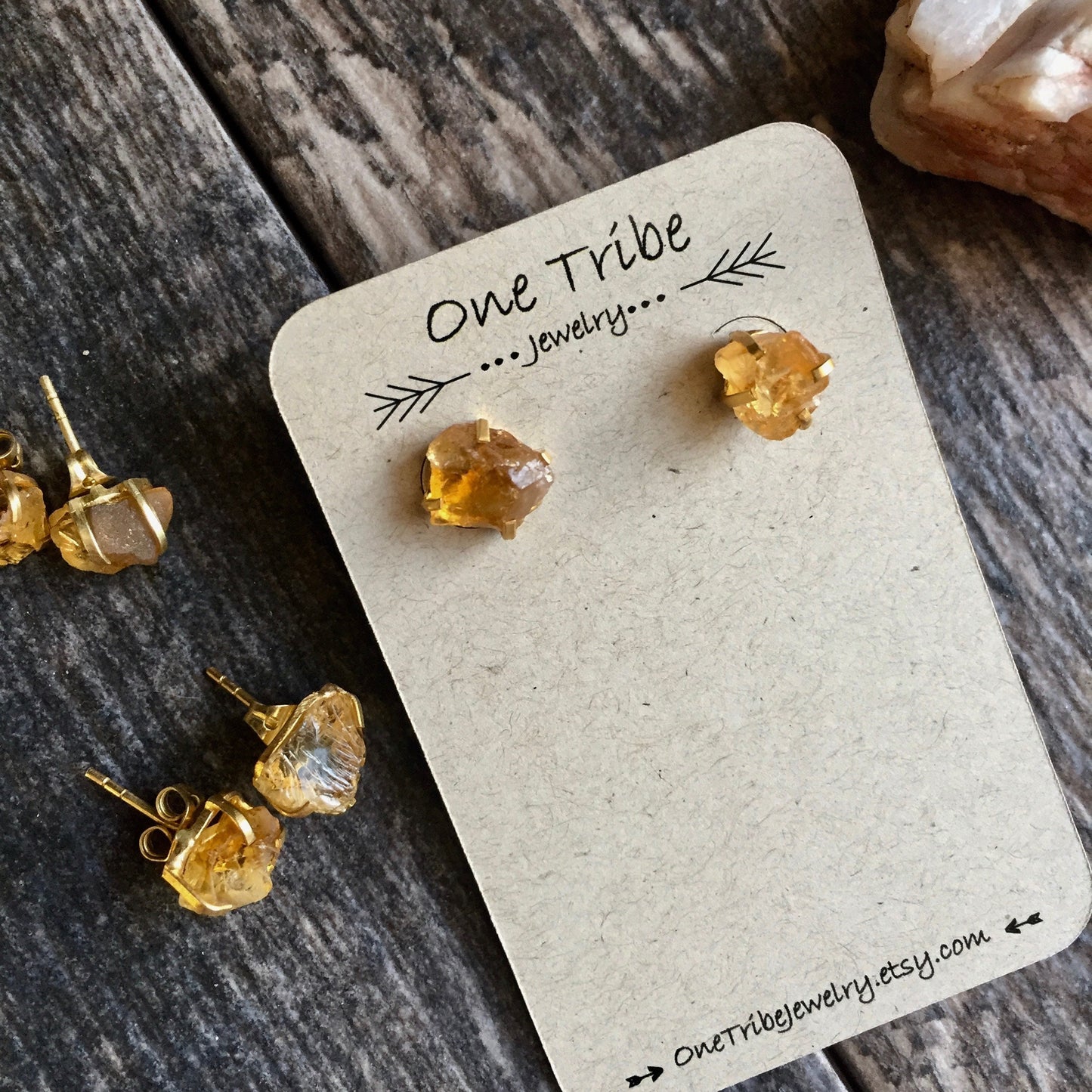 Raw Citrine Studs Earrings, Natural Gemstone Print Set Post Earring, November Birthstone Gift