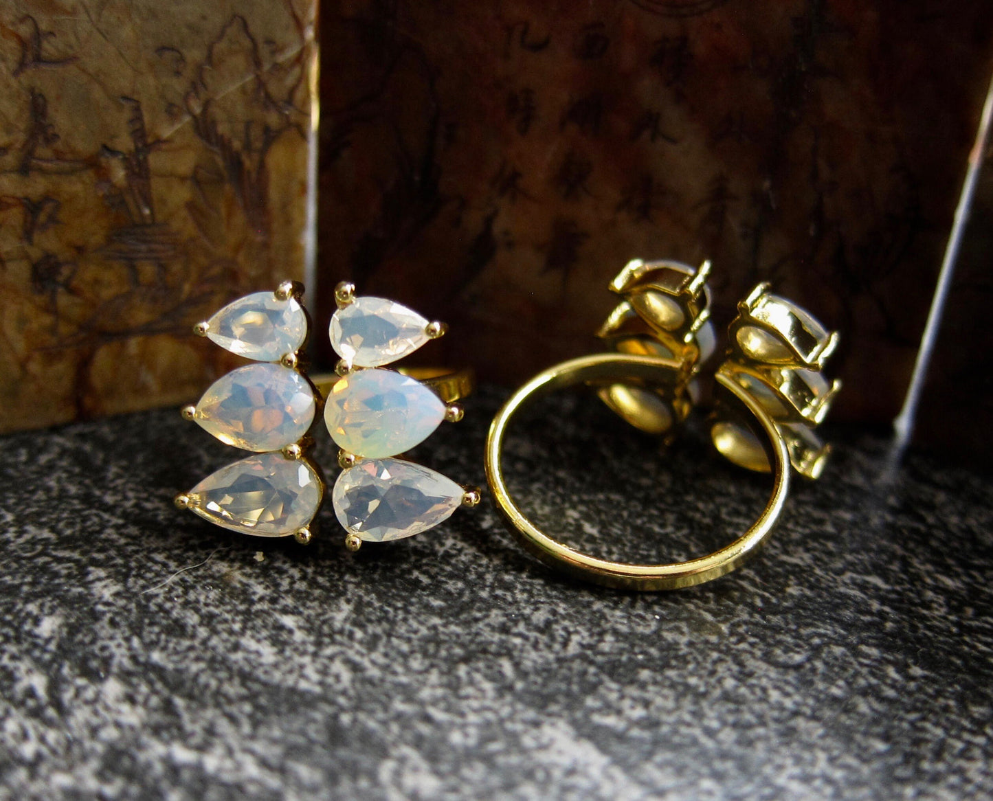 Open Moonstone Gemstone Ring Gold, Moonstone Jewelry, Gold Crystal Cocktail Ring, Adjustable Statement Ring for Women, June Birthstone Ring