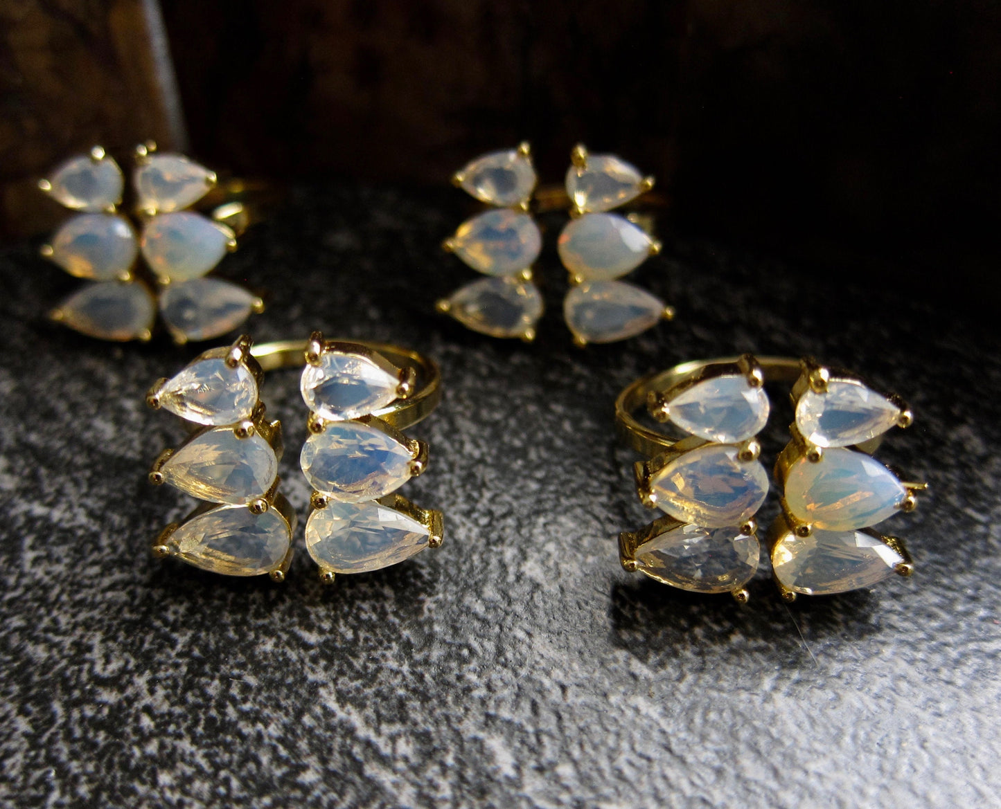 Open Moonstone Gemstone Ring Gold, Moonstone Jewelry, Gold Crystal Cocktail Ring, Adjustable Statement Ring for Women, June Birthstone Ring