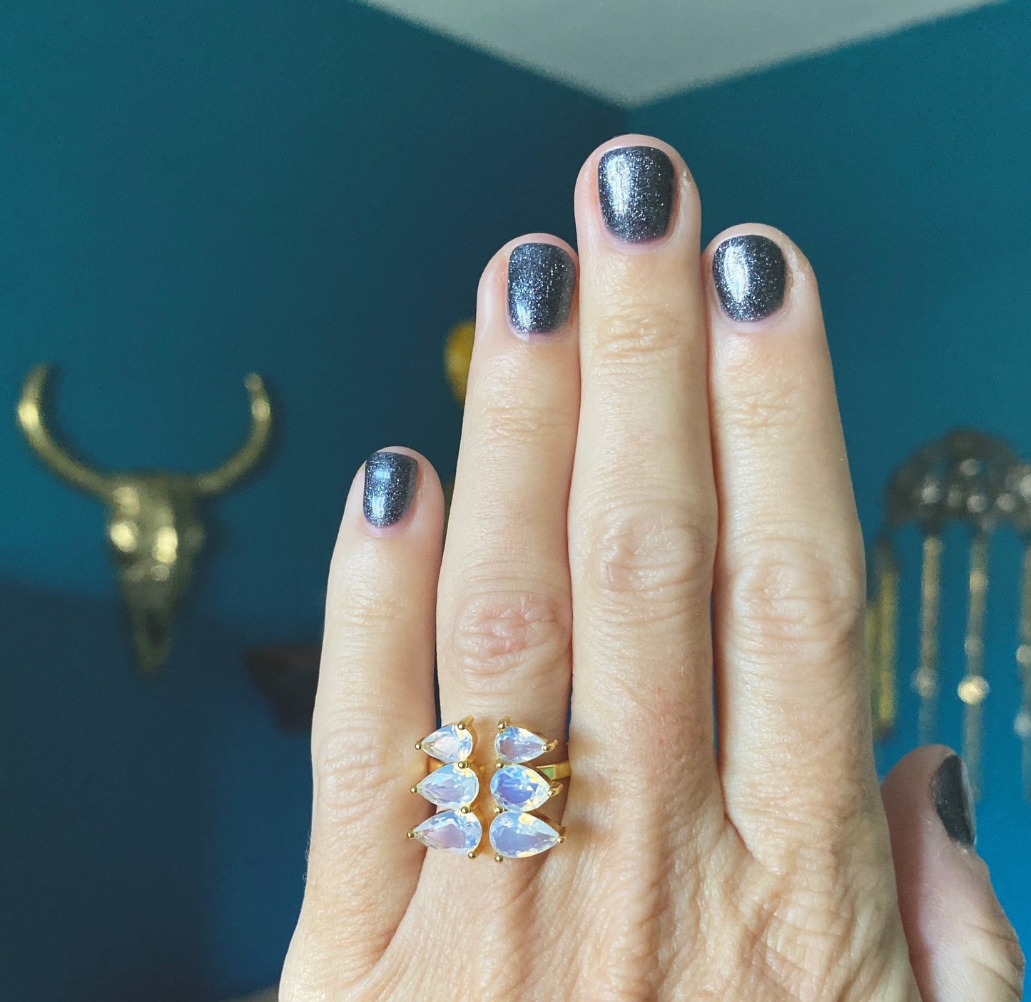 Open Moonstone Gemstone Ring Gold, Moonstone Jewelry, Gold Crystal Cocktail Ring, Adjustable Statement Ring for Women, June Birthstone Ring