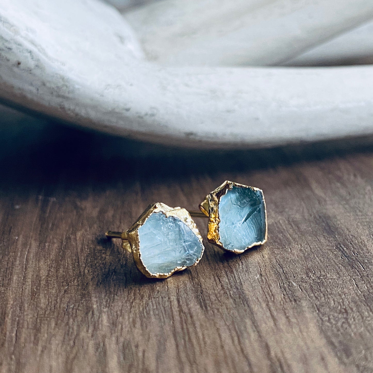 Raw Aquamarine Stud Earrings – 14k Gold Plated over Sterling Silver | March Birthstone