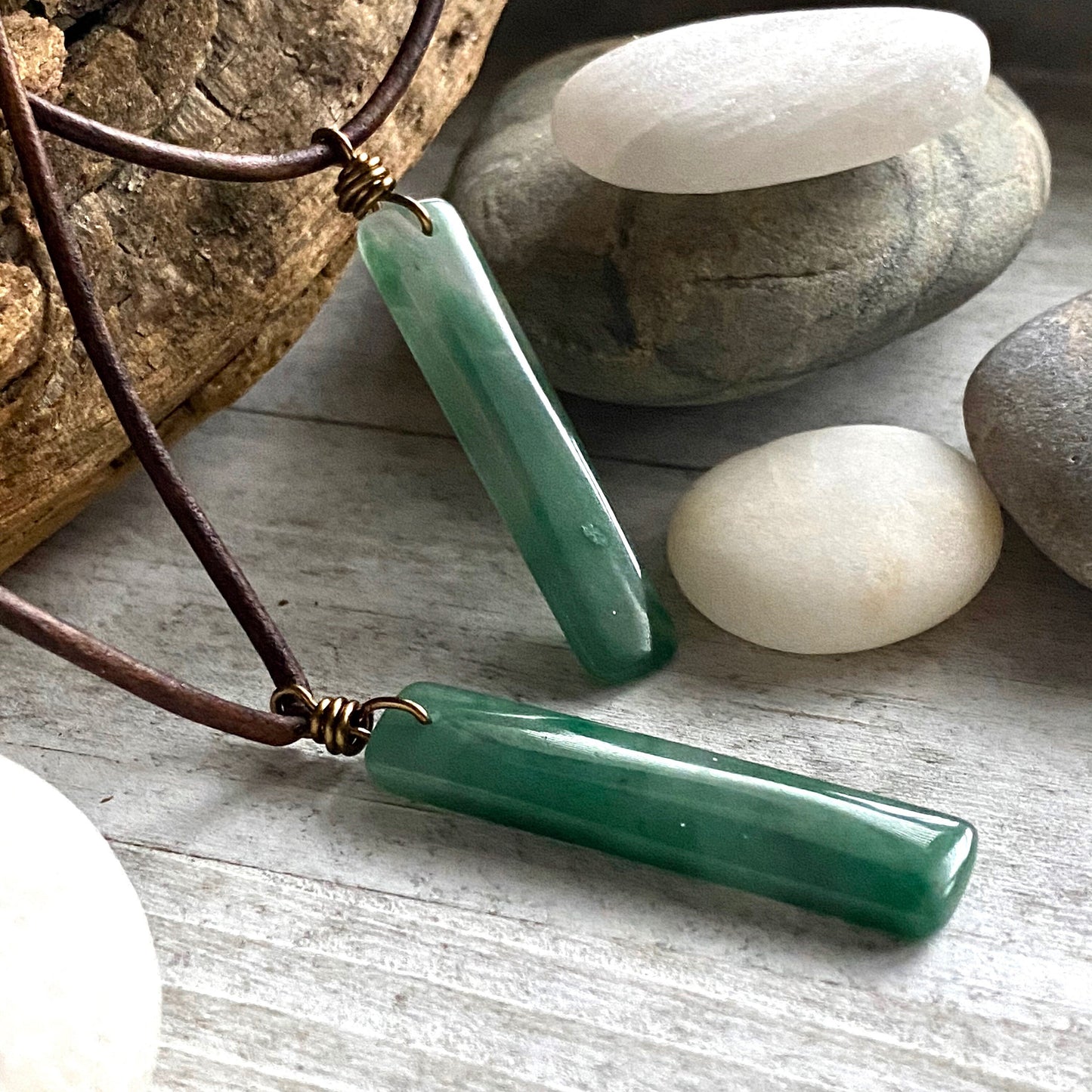 Men’s Leather Cord Necklace with Slim Rectangular Jade Pendant – Minimalist Natural Stone Jewelry – Handmade Green Jade Necklace