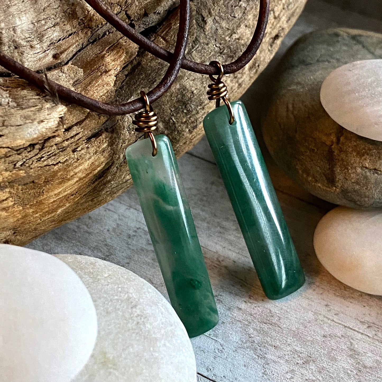 Men’s Leather Cord Necklace with Slim Rectangular Jade Pendant – Minimalist Natural Stone Jewelry – Handmade Green Jade Necklace