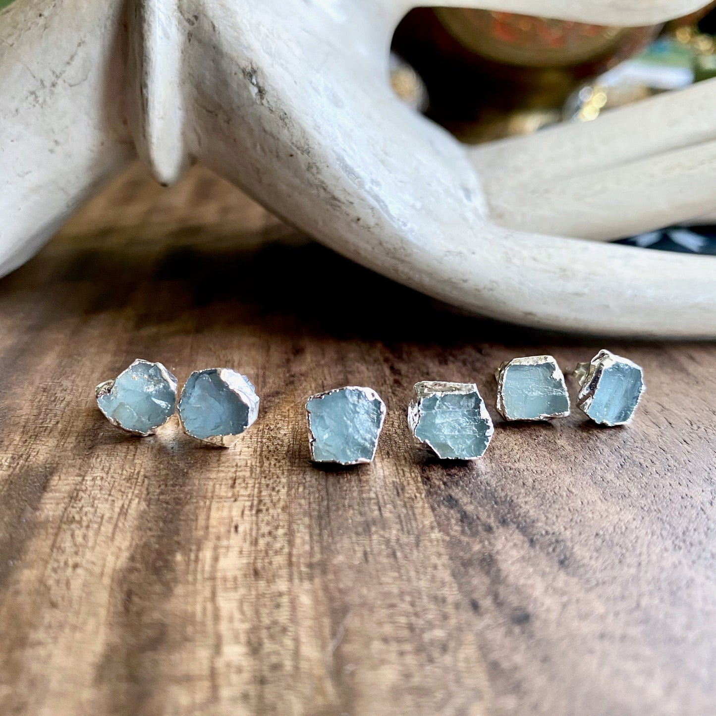 Raw Aquamarine Gemstone Stud Earrings – Sterling Silver | Natural March Birthstone Jewelry