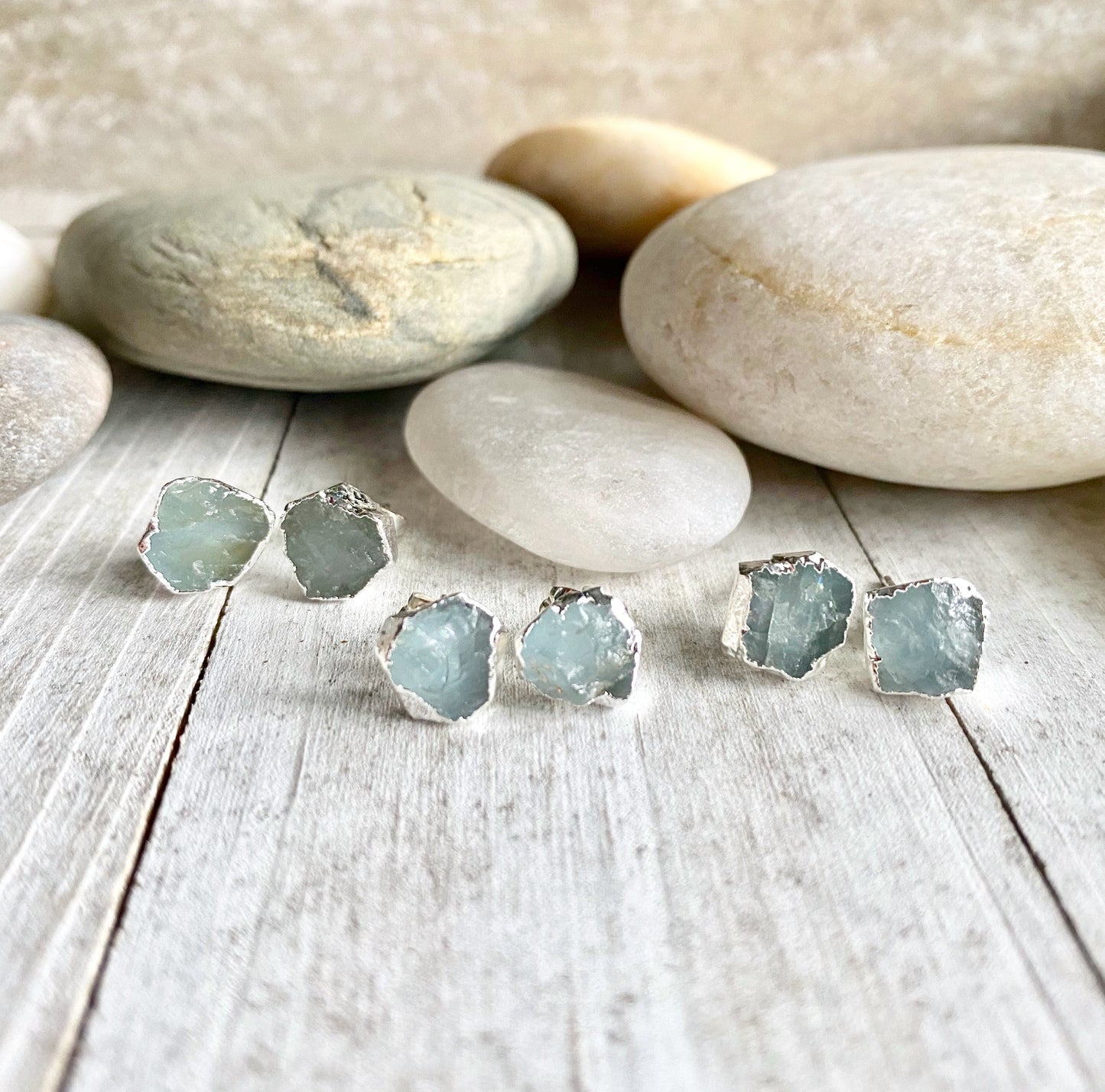 Raw Aquamarine Gemstone Stud Earrings – Sterling Silver | Natural March Birthstone Jewelry