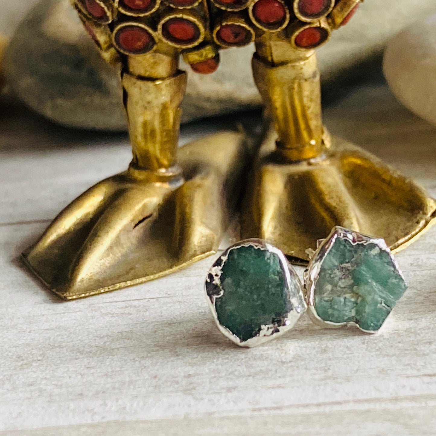 Raw Emerald Stud Earrings – Natural May Birthstone in Silver | Crystal Earrings for Her