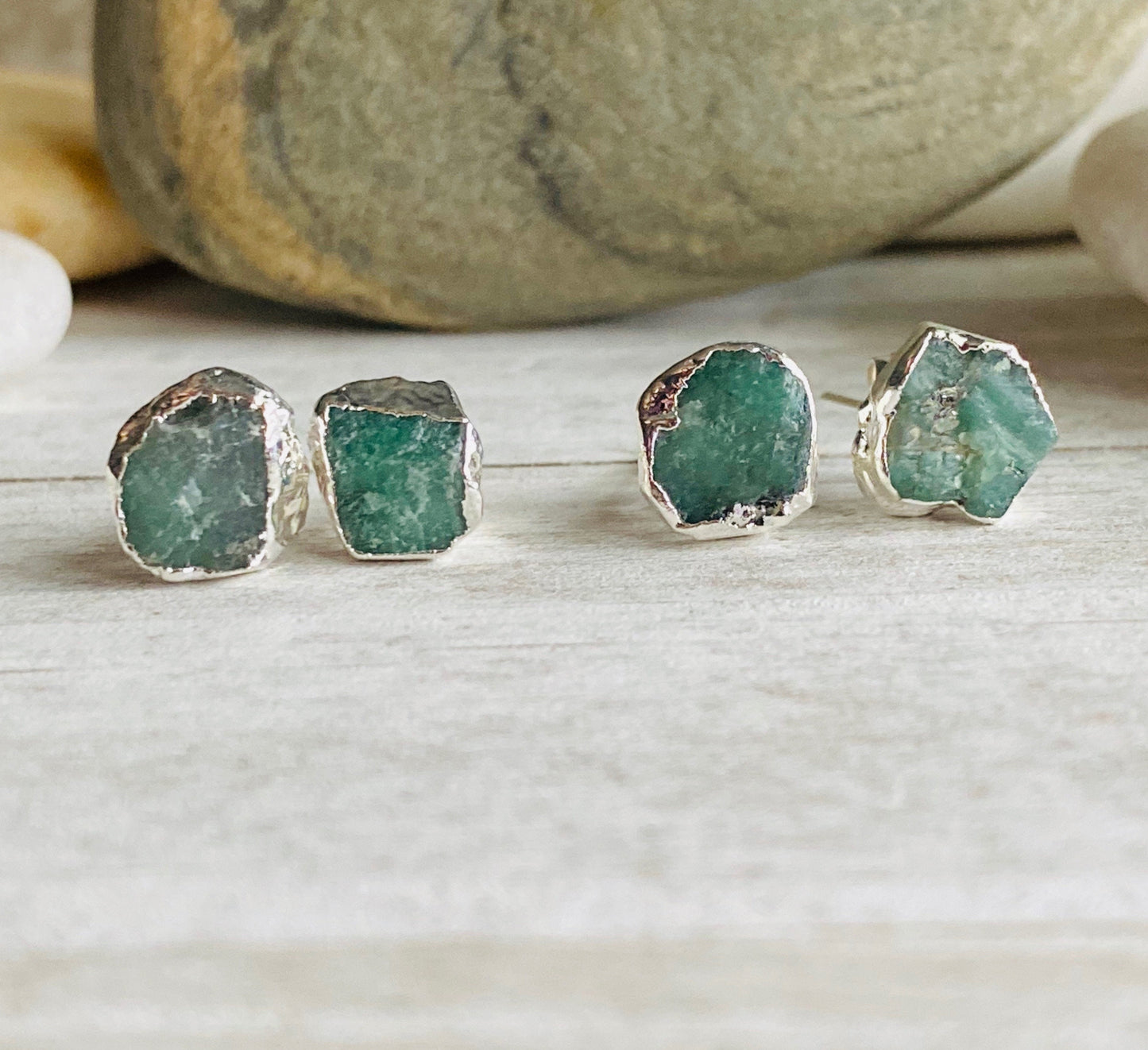 Raw Emerald Stud Earrings – Natural May Birthstone in Silver | Crystal Earrings for Her