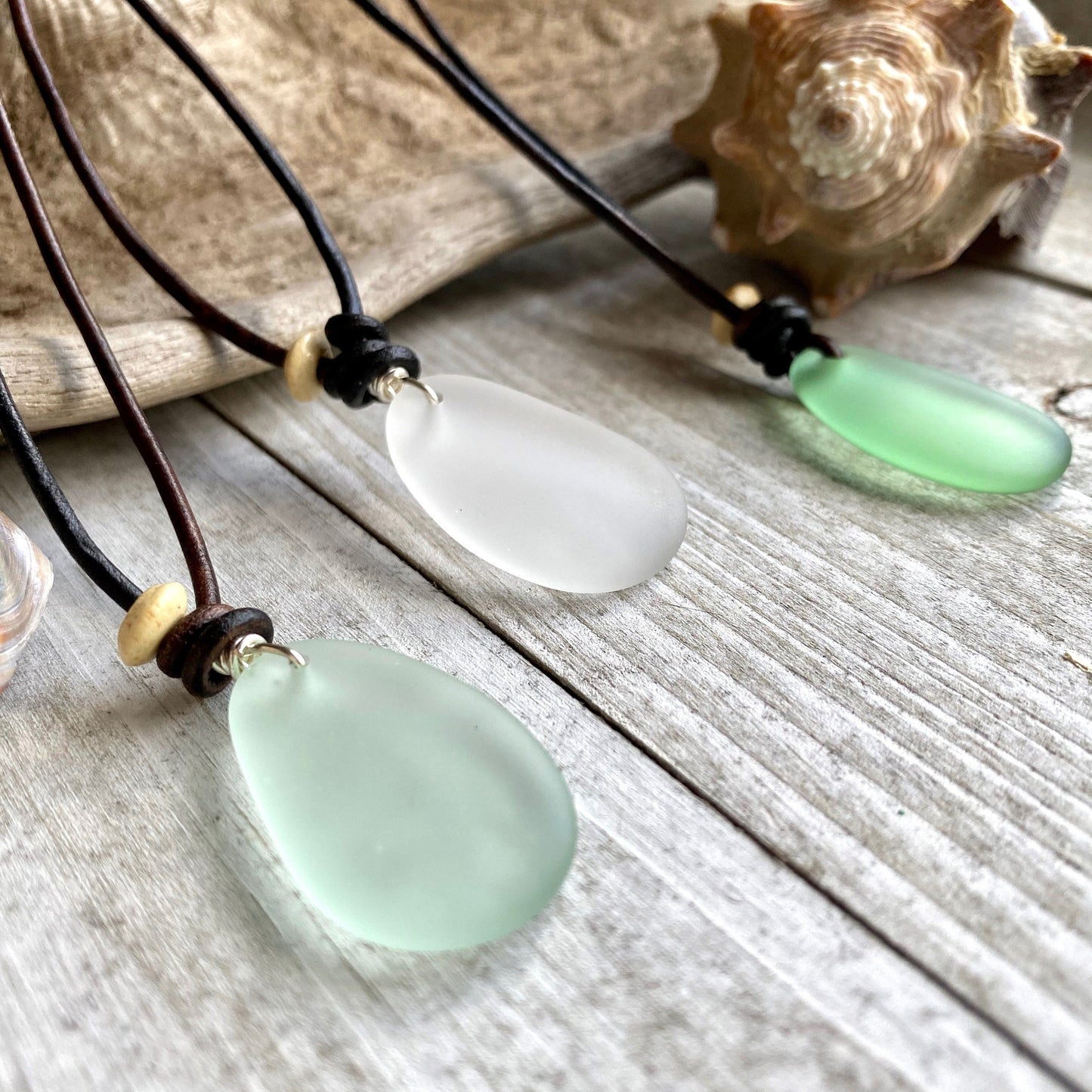 Men’s Leather Cord Necklace with Sea Glass Pendant – Boho Coastal Jewelry