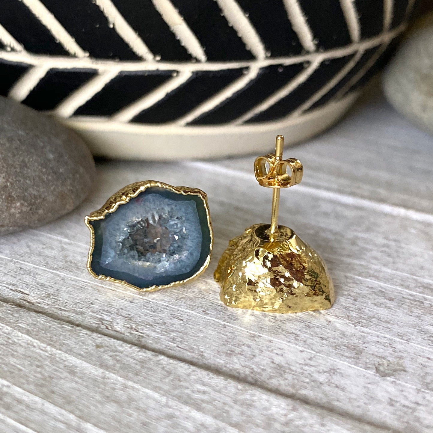 Natural Geode Druzy Stud Earrings | Raw Crystal Agate Slice Earrings | Boho Gemstone Jewelry Gift