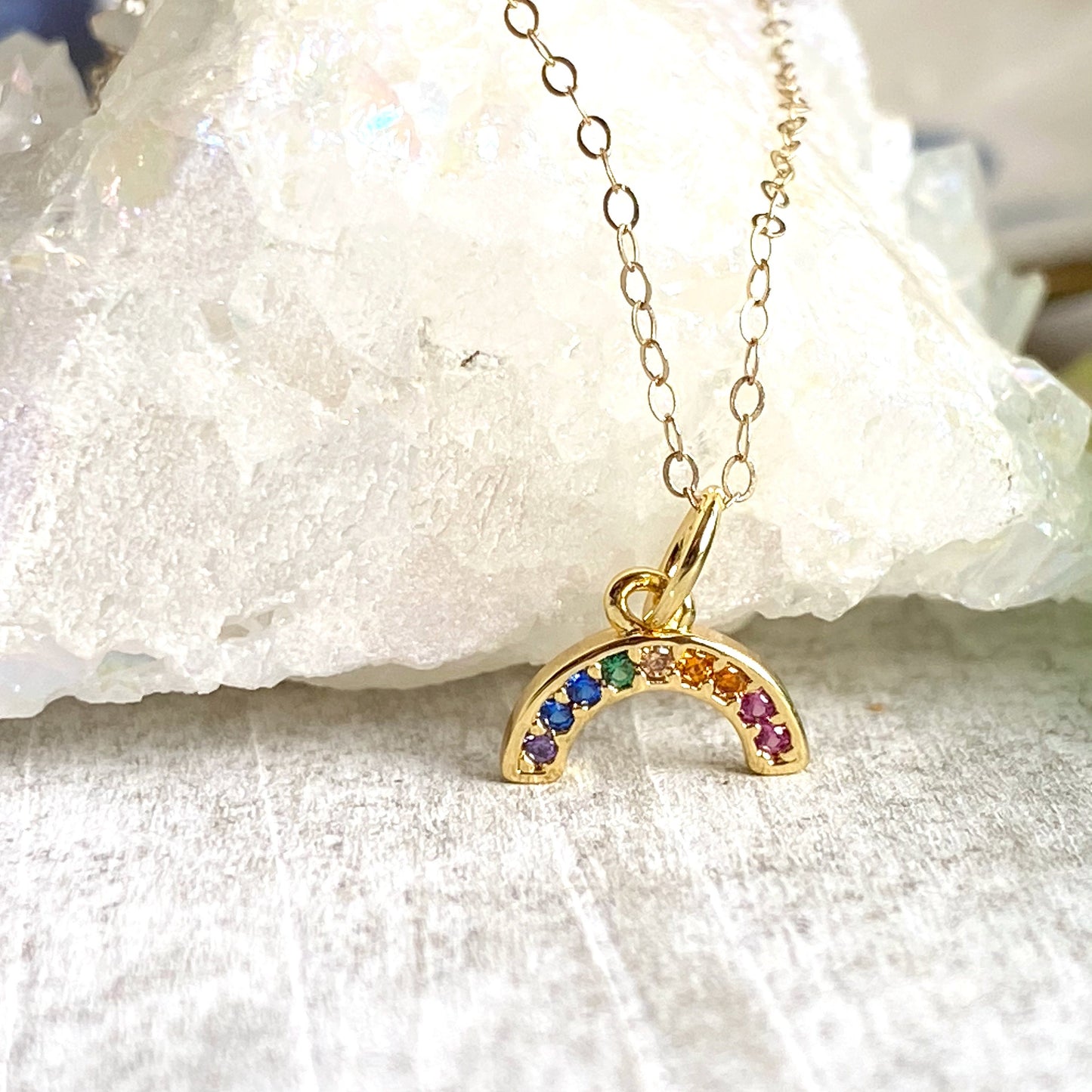 Dainty Rainbow Necklace in 18k Gold, Multi Gemstone Arc Pendant, Pride Jewelry, Colorful Crystal Jewelry Gift for Her, Minimalist Necklace
