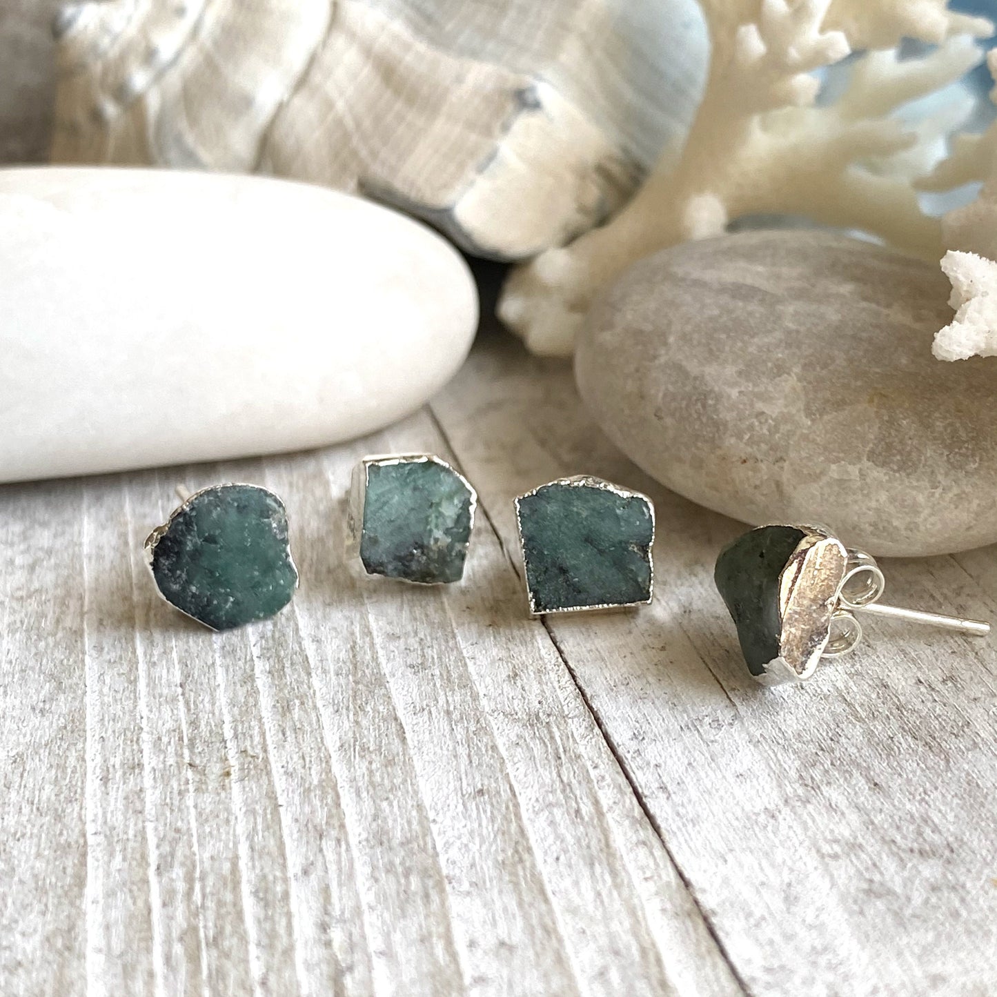 Raw Emerald Stud Earrings – Natural May Birthstone in Silver | Crystal Earrings for Her