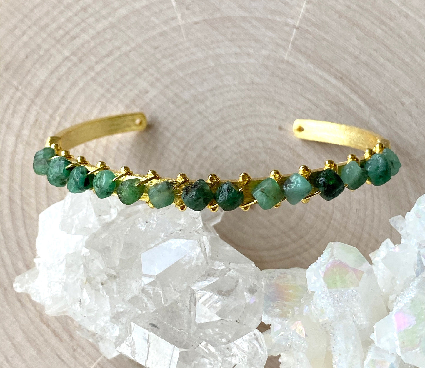 Raw Emerald Cuff Bracelet – 14k Gold Plated with Wire-Wrapped Gemstones